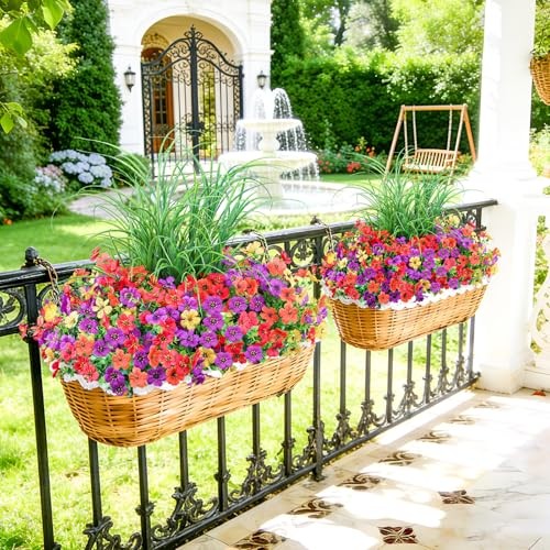 Artificial Flowers for Outdoors, 14 Bundles UV Light Purple Orange Yellow Red