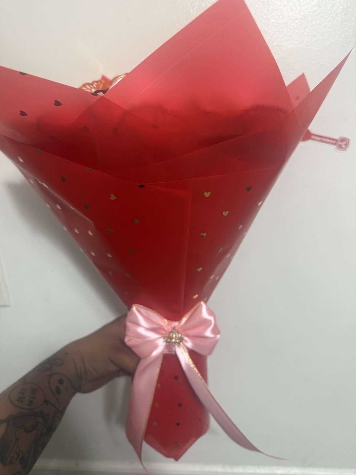 Artificial Pink & Red Rose Bouquet Fabric Floral Decor Heart Wrap Bow