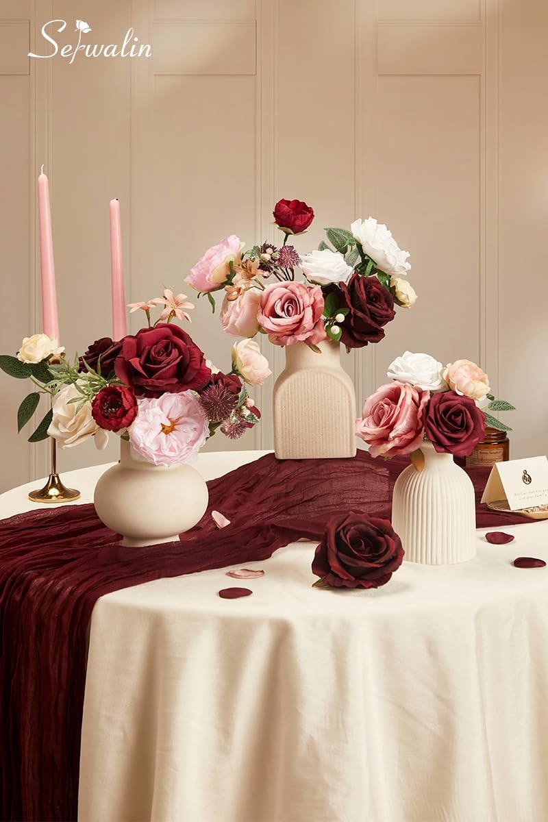 Artificial Flower Burgundy Pink Roses Silk Fake For DIY Wedding Bouquet New