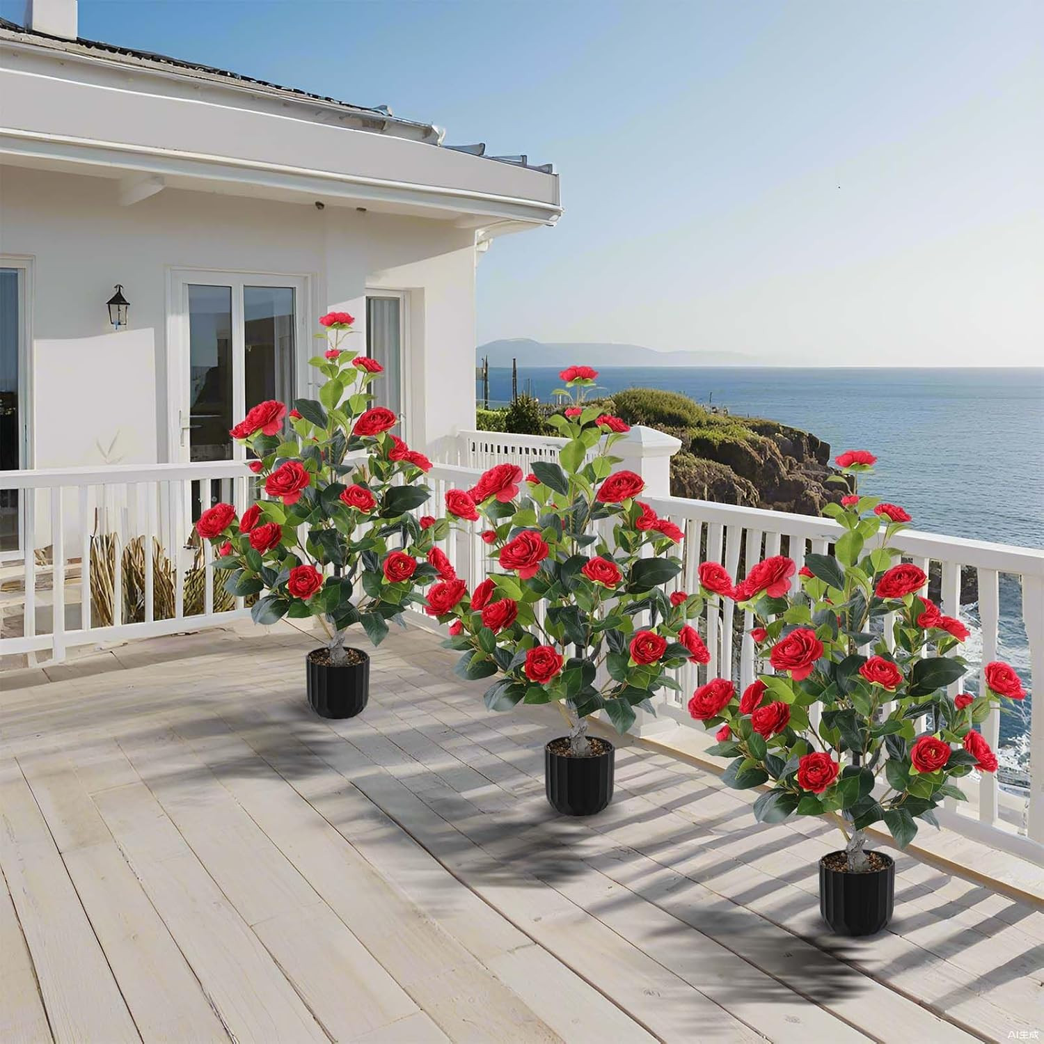 Faux Camellia Trees – 2 Pcs Red Indoor/Outdoor Decor in Pots