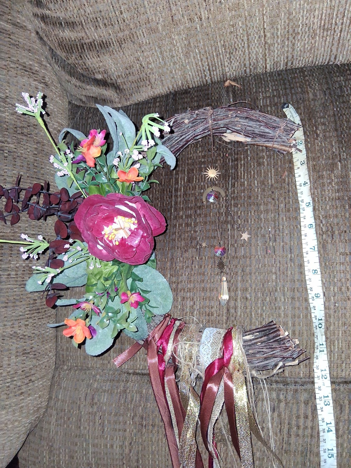 12″ Reiki Infused Crescent Moon Wreath Burgandy, Pinks, With Suncatcher, Bells