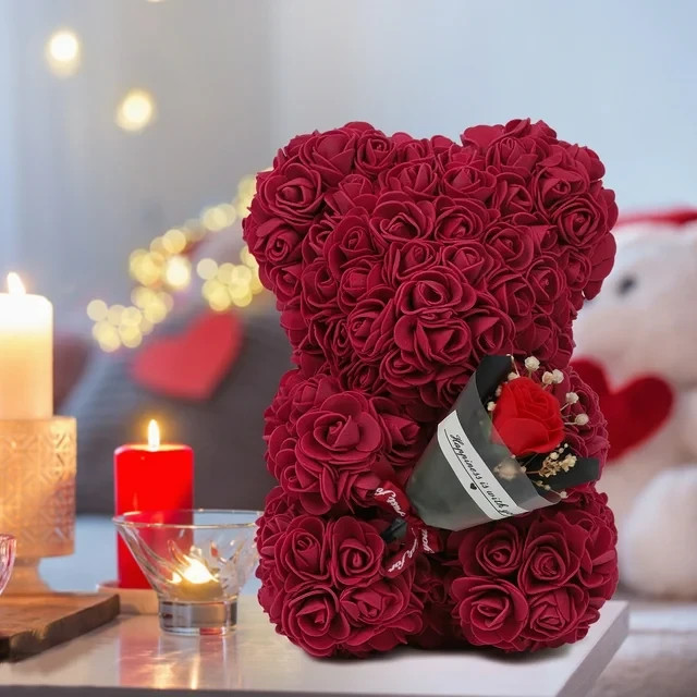 RECUTMS ARTIFICIAL ROSE BEAR VALENTINES DAY GIFT FOR HER, RED *DISTRESSED PKG