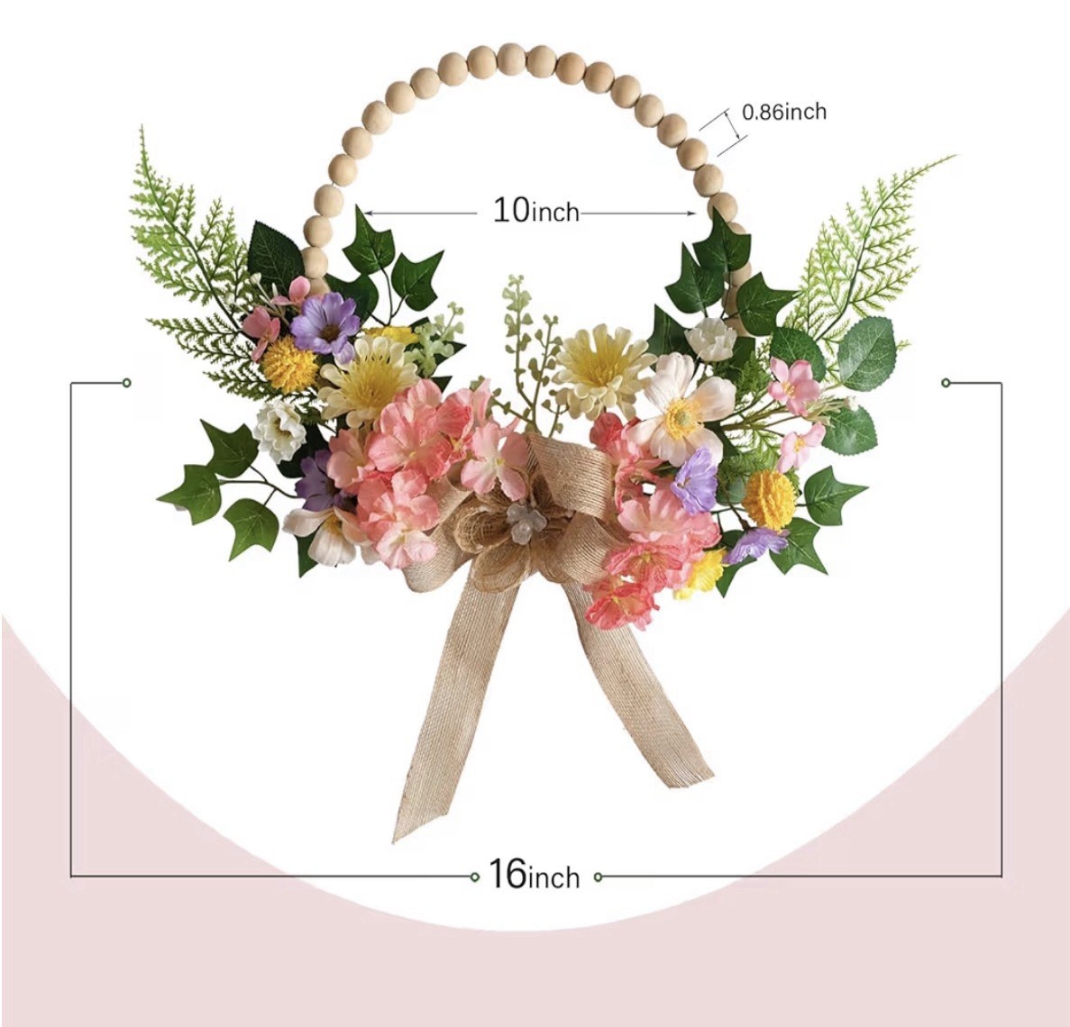 16 Inch Artificial Spring Wooden Bead Wreath with Flower Bow Summer Hydrangea