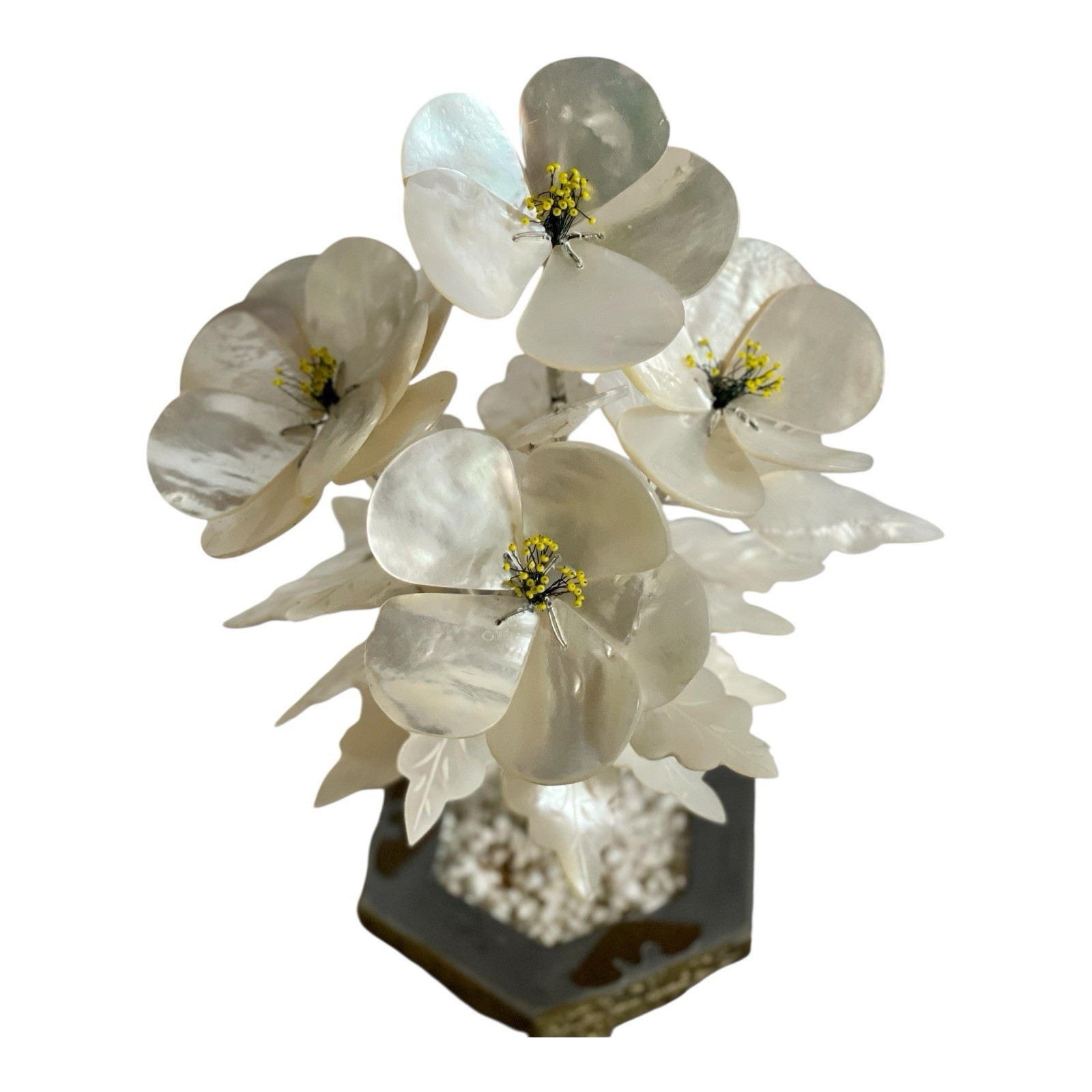 Vintage Mother of Pearl Capiz Shell Flower Bonsai Tree Bronze Planter 12”