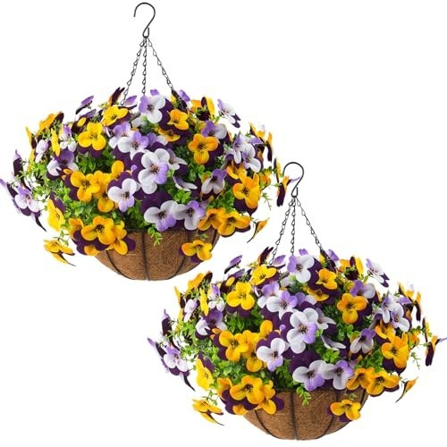 2 Set Artificial Pansy Flowers with Hanging Baskets – Silk Floral Decor for Spri
