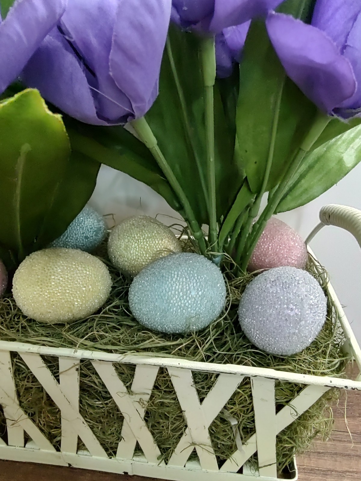 Easter Table Centerpieces Artificial Floral Purple Iris Metal Basket