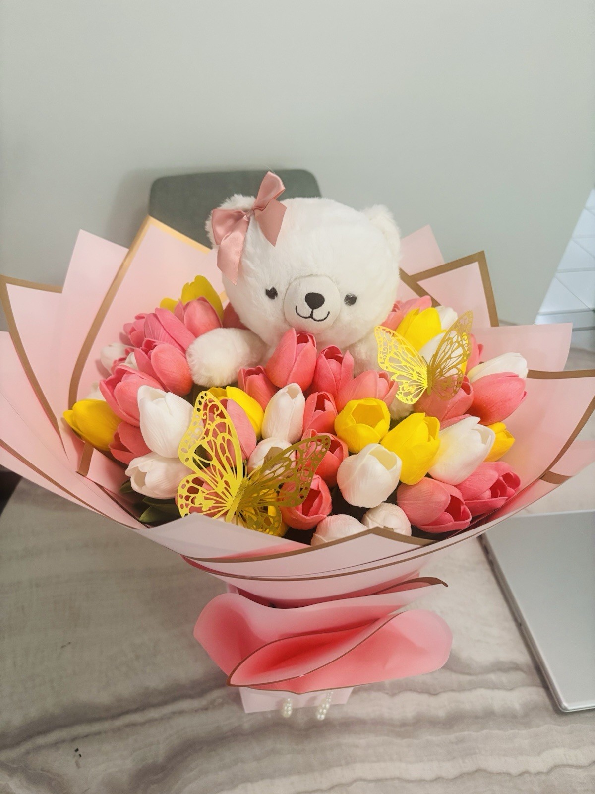 Artificial Tulip Flower Bouquet Pink Yellow White with Bear & Butterfly Decor