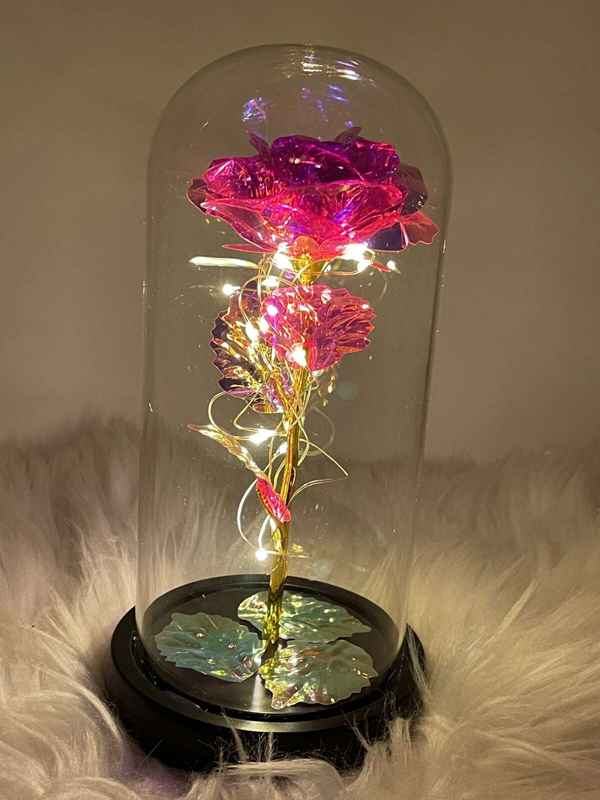 LED Galaxy Enchanted Forever Pink Rose Flower Dome Glass Night Light Battery Op