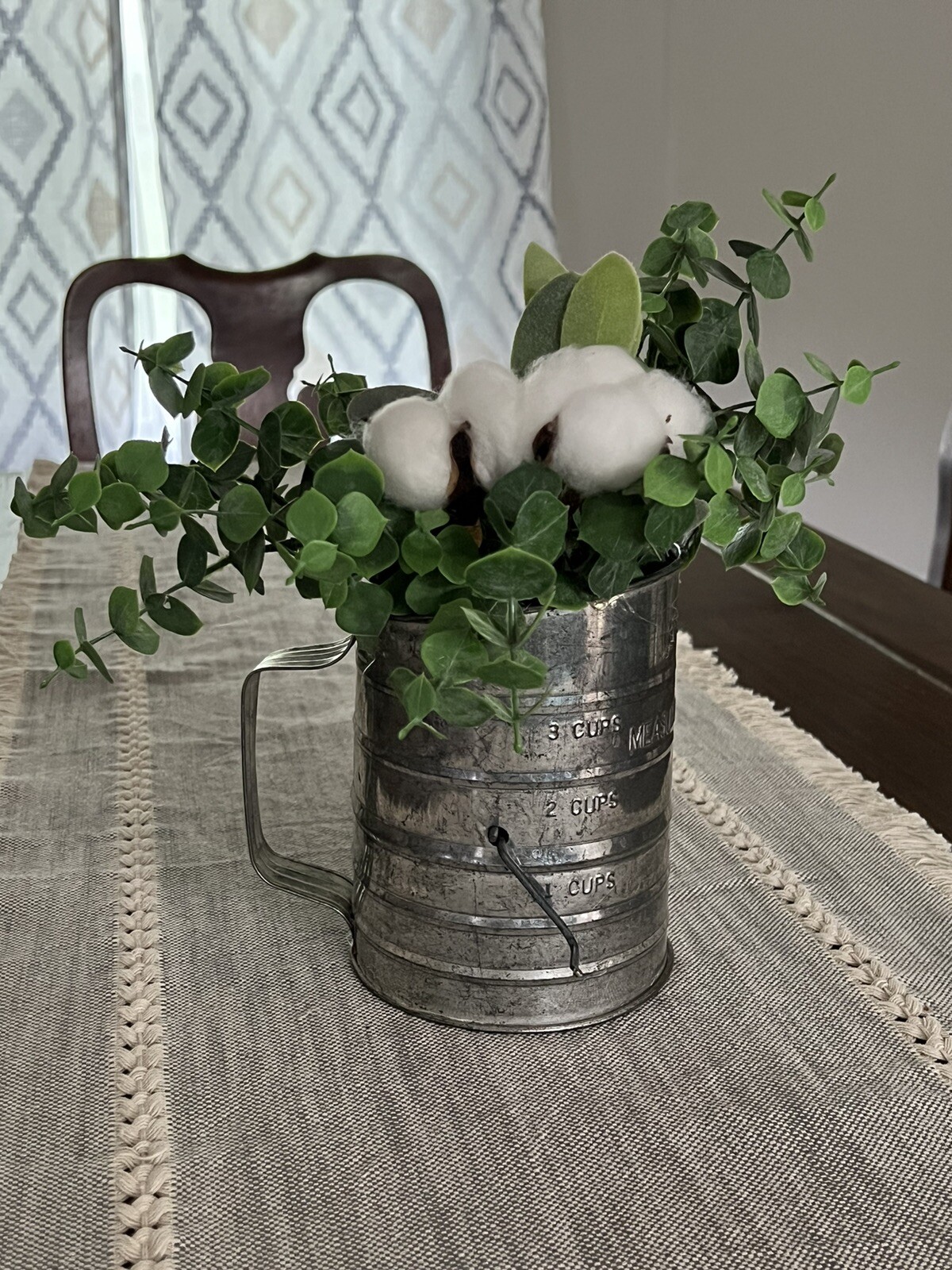 Farmhouse Flour Sifter Cotton/Eucalyptus/Lambs Ear Arrangement