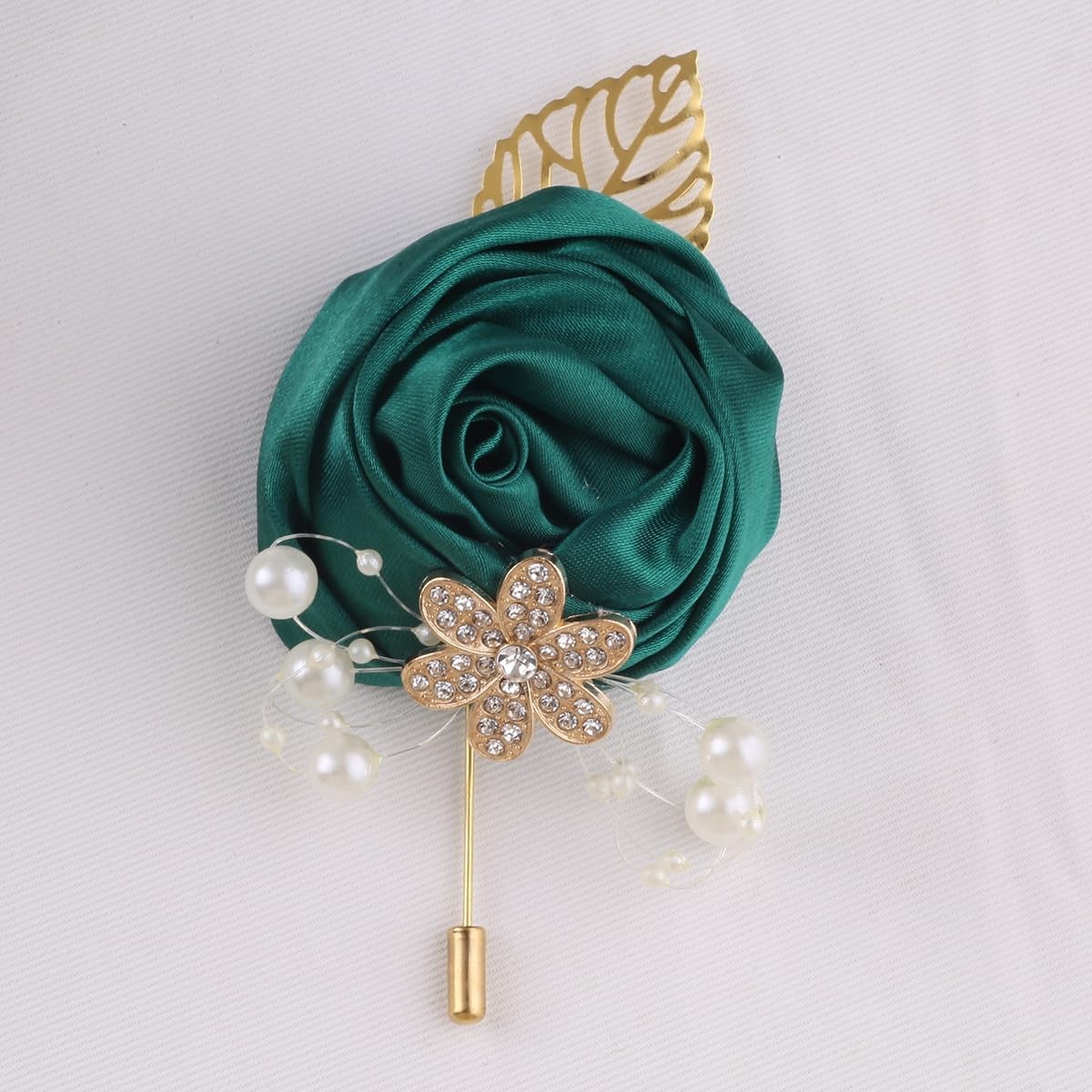 5pcs Emerald Green Boutonniere, Gold Leaf, Faux Silk Rose, Corsage, Wedding