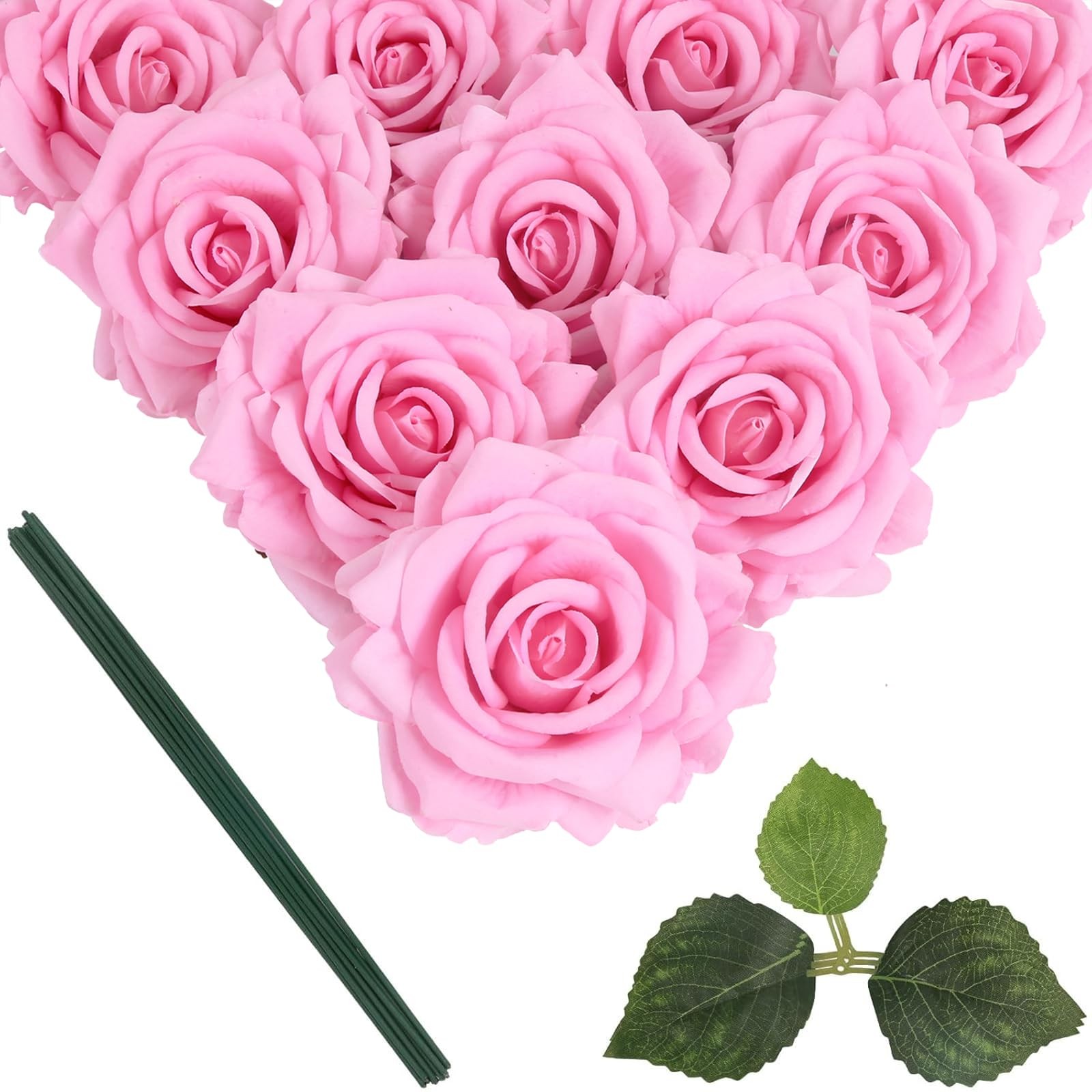 5 Inches Pink Large Rose Heads Artificial Flowers Pink Rose with Stems10pcs F…