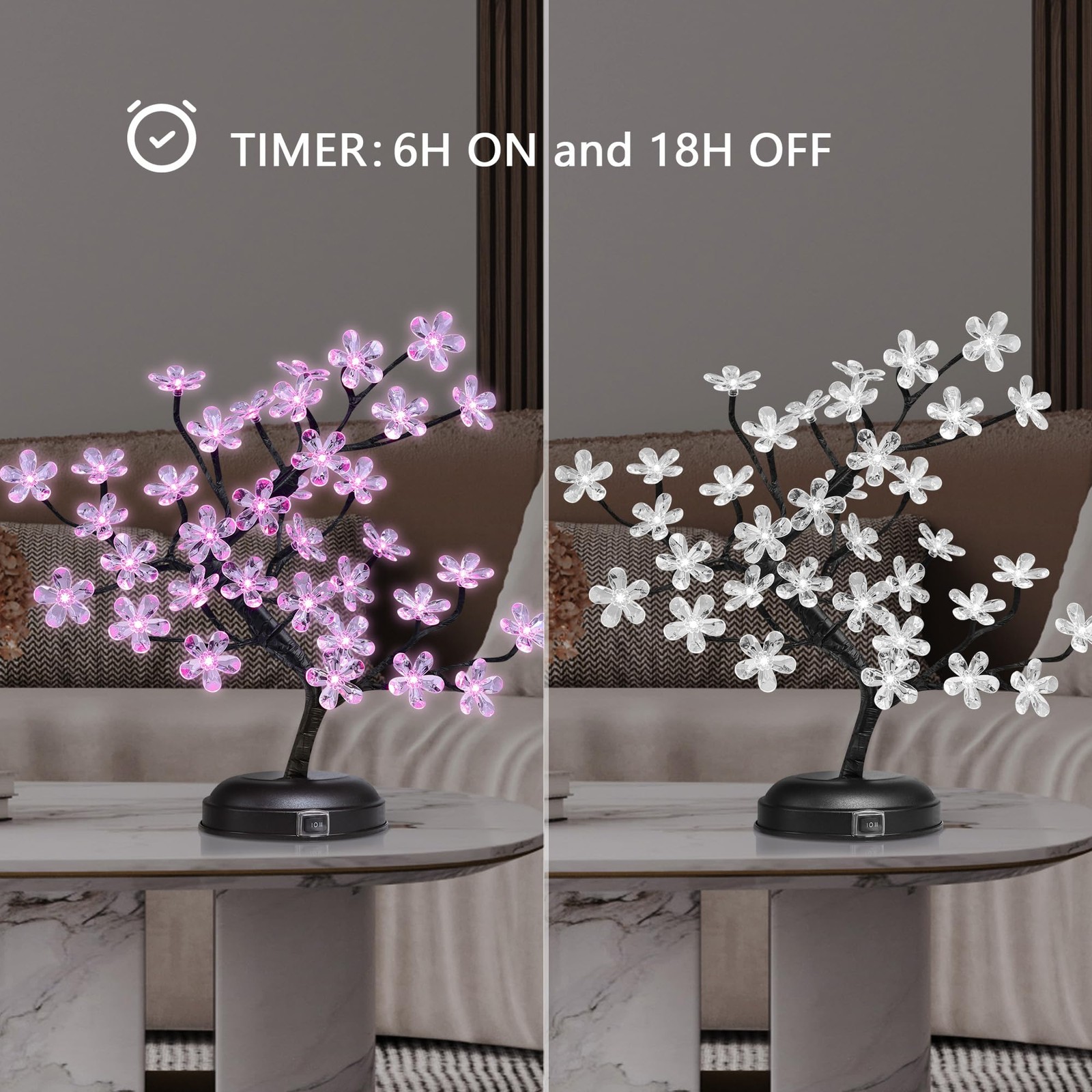 18-inch Crystal Flower LED Bonsai Tree, Pink Light, 36 LED Lights, Battery Po…