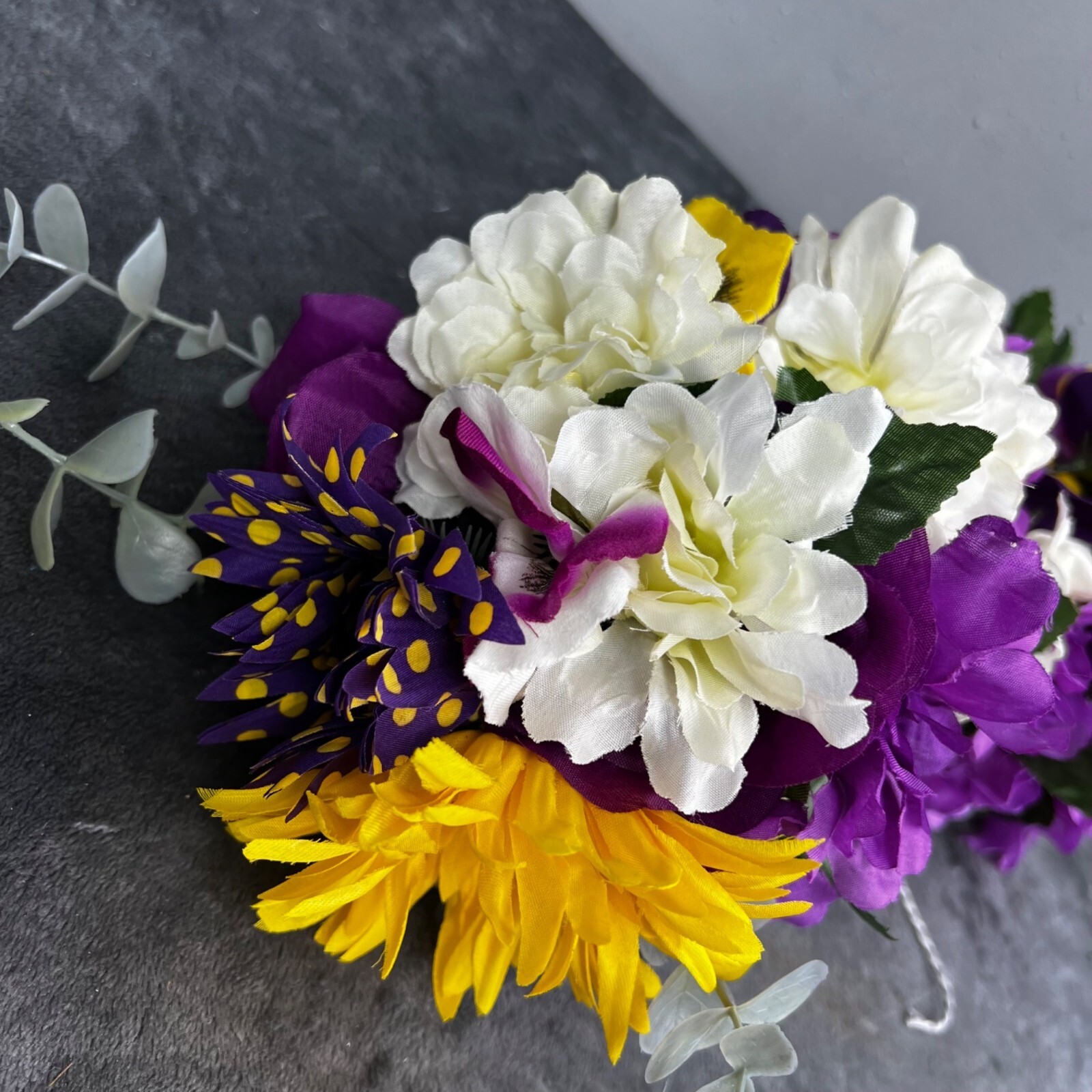 Floral Swag Purple Yellow White Green Faux Flowers Arch Curved Wood Sign Wedding