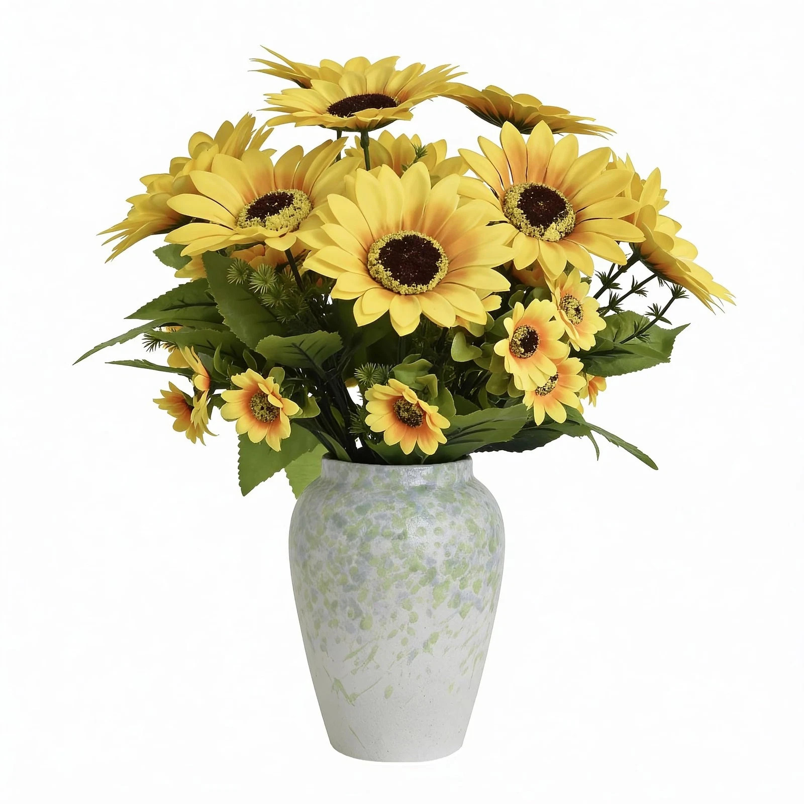 Best 14″ Artificial Sunflowers Arrangement in Green & Blue Speckled Ceramic Vase