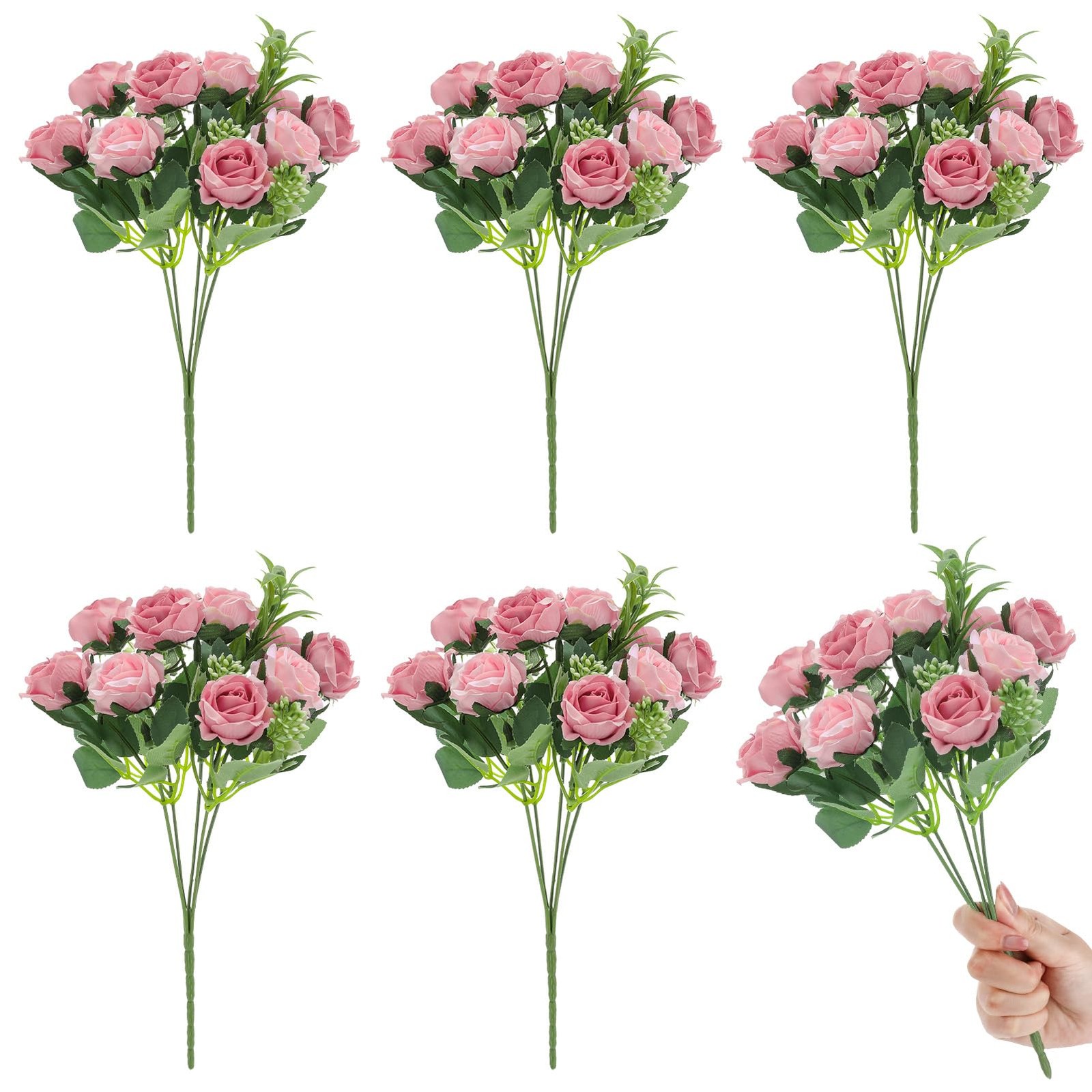 6 Stems 10 Heads Dusty Pink Artificial Silk Roses Bouquets with Leaf Faux Flo…