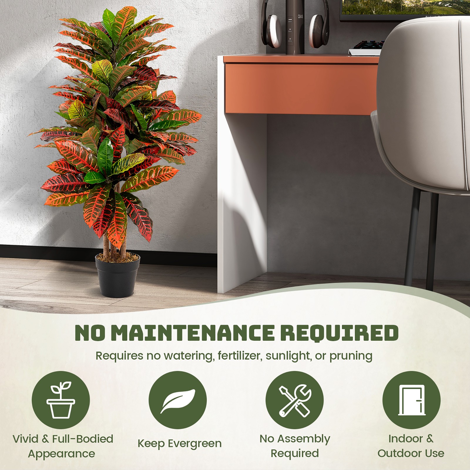 40” Tall Artificial Croton Plant w/ Colorful Variegated Leaves & Natural Wood