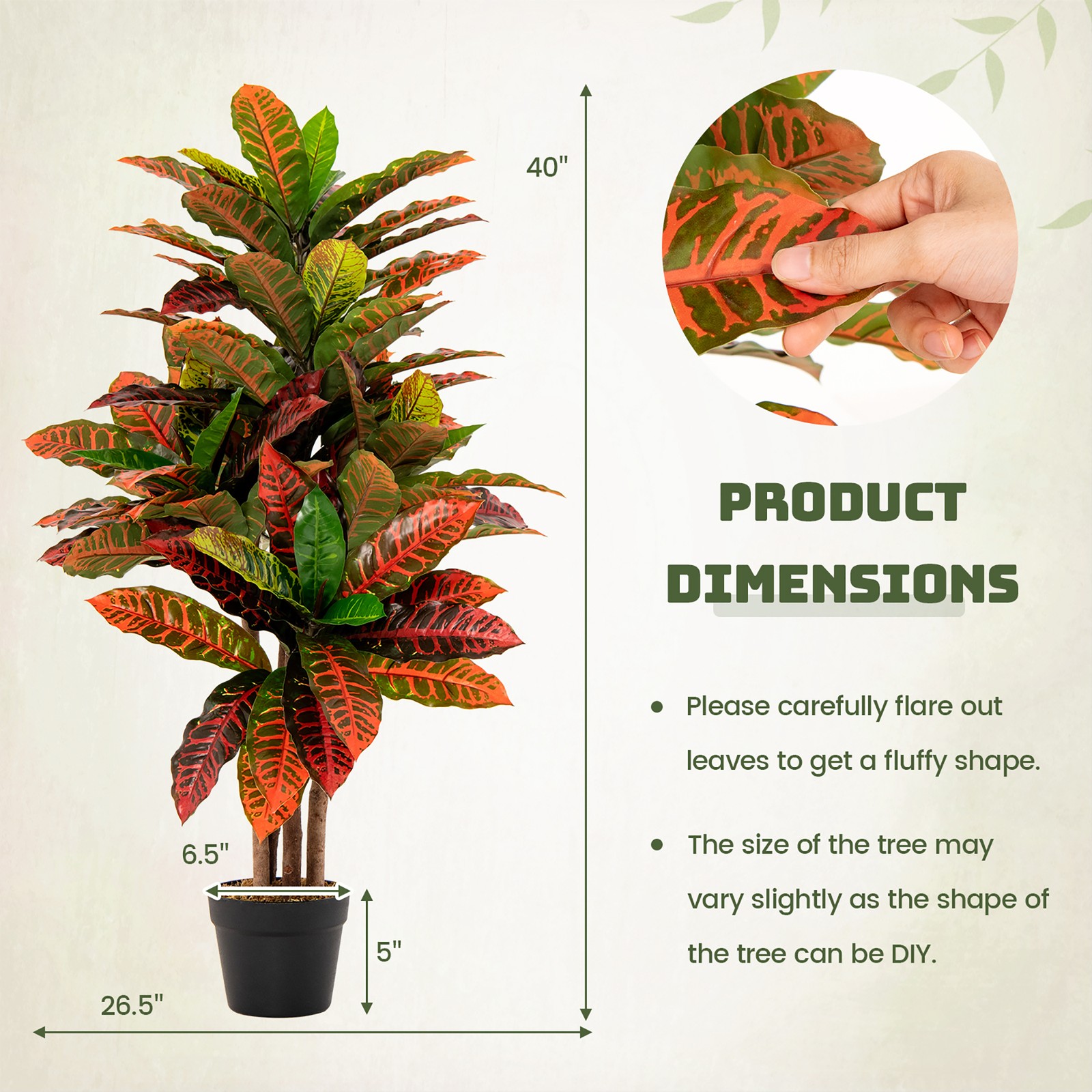 40” Tall Artificial Croton Plant w/ Colorful Variegated Leaves & Natural Wood