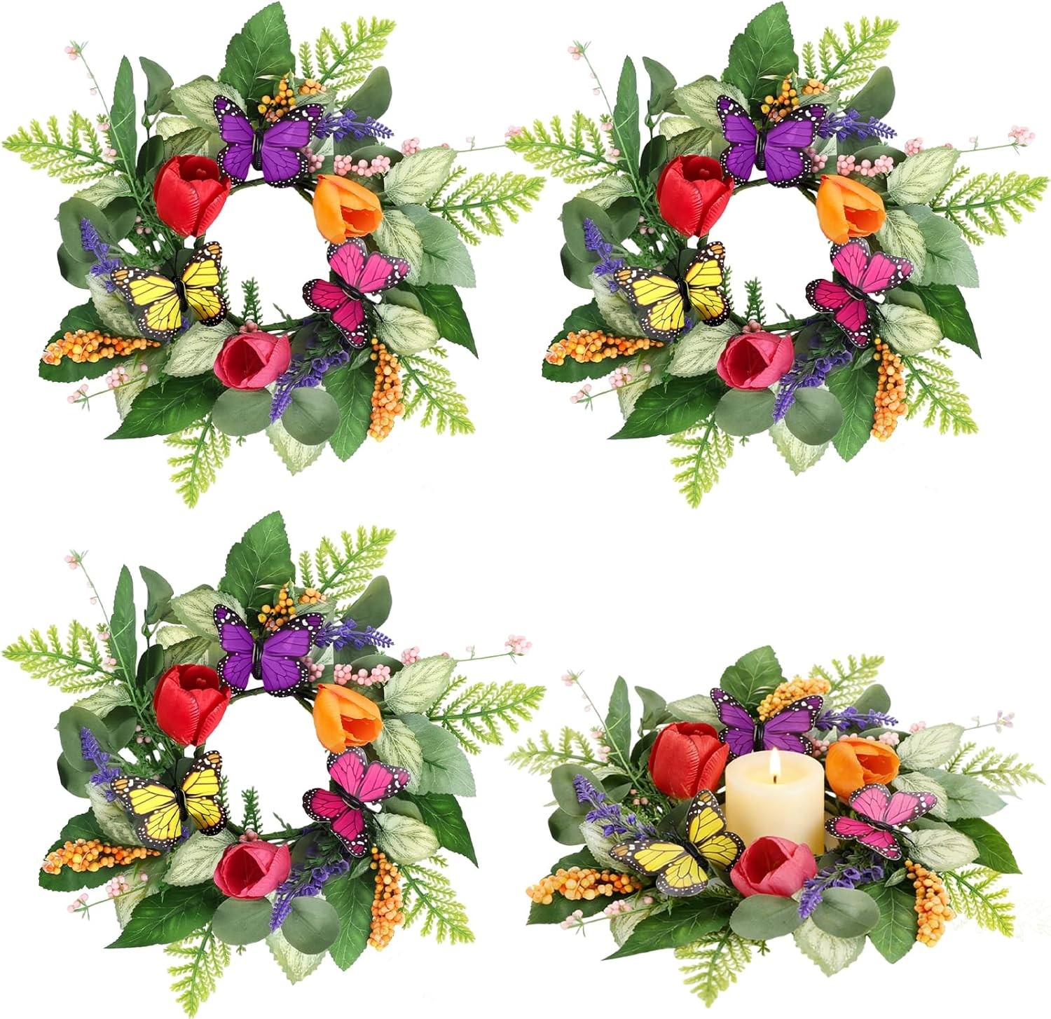 4 PCS Summer Lavender Tulips Candle Rings Wreaths Artificial Floral Pillar