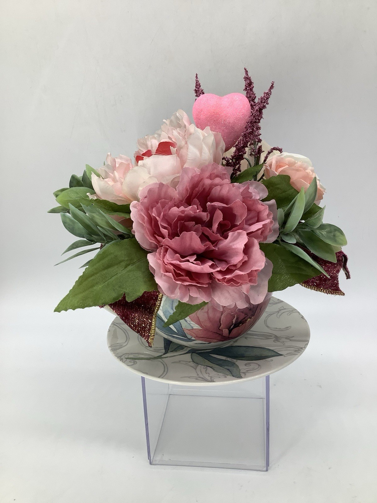 Handmade Valentines Day Pink Tea Cup Floral Arrangement