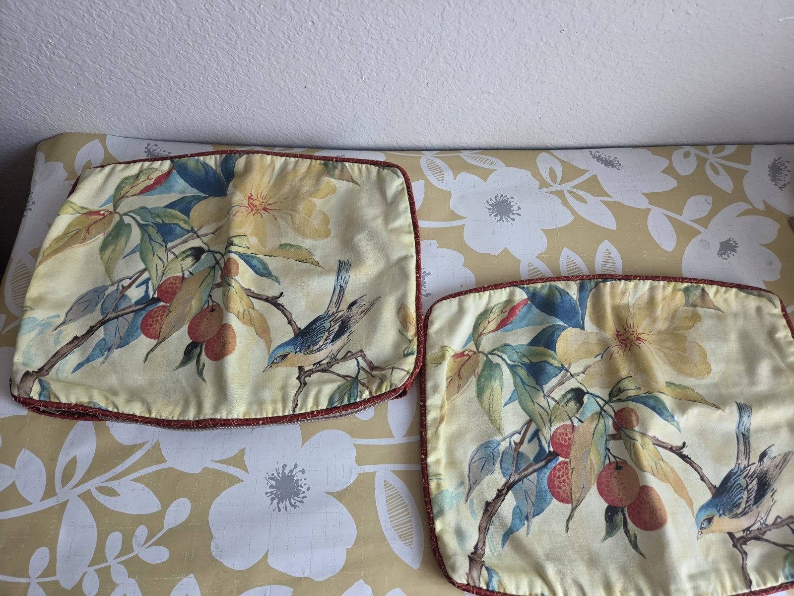 2 Beautiful Bird Floral Pillow Covers 11×14 Jacobean Style Cotton Linen Elegant