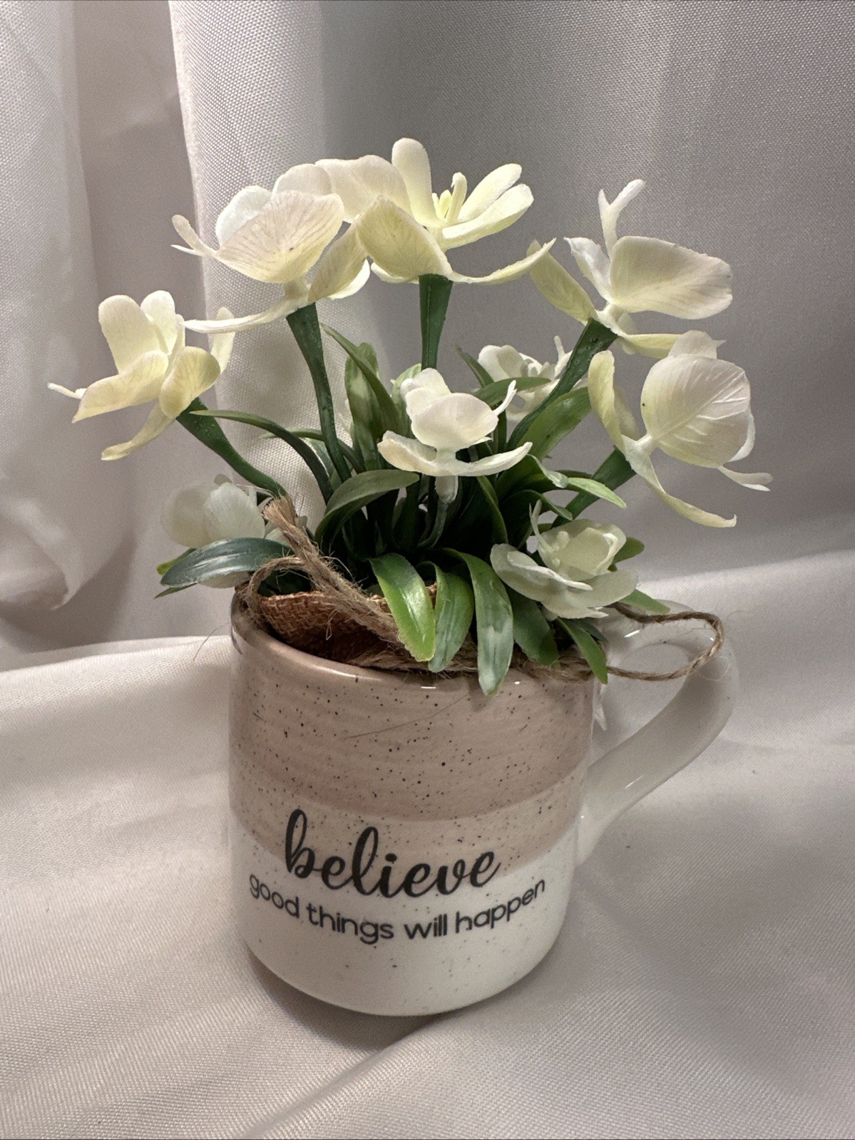 White Flowers Tan/White Pottery Mug Believe Good Things Will Happen
