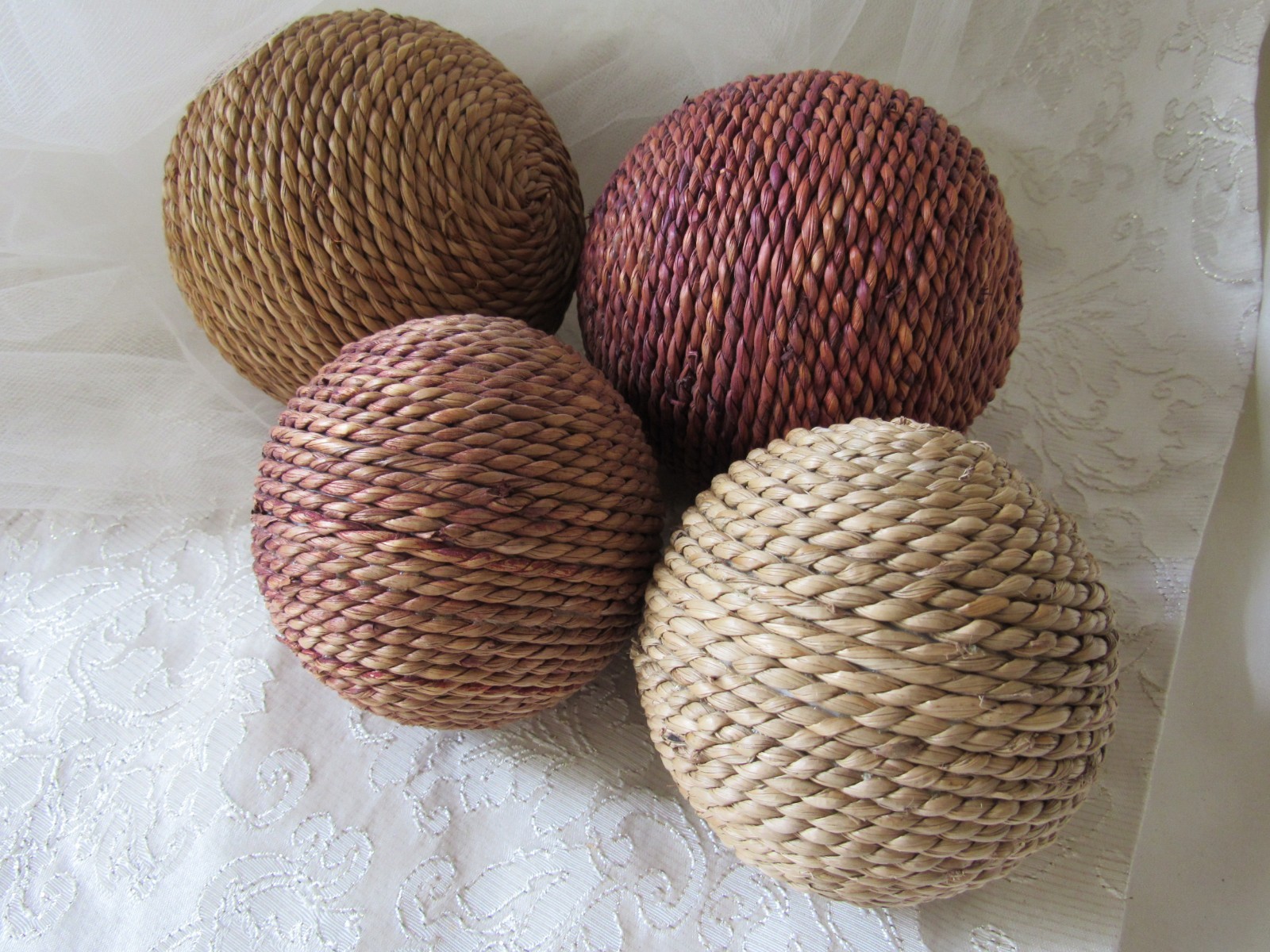 Jute Decor,set of 4,Mix Matched Floral Decor,4″ & 3″,Boho,tuscan,moroccan,sisal
