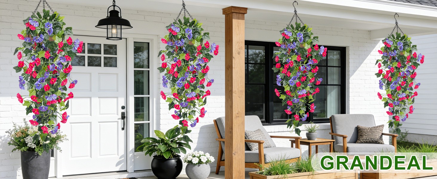 Artificial Fake Hanging Flowers Plants, Faux Silk Morning Glory with Ivy Vines,