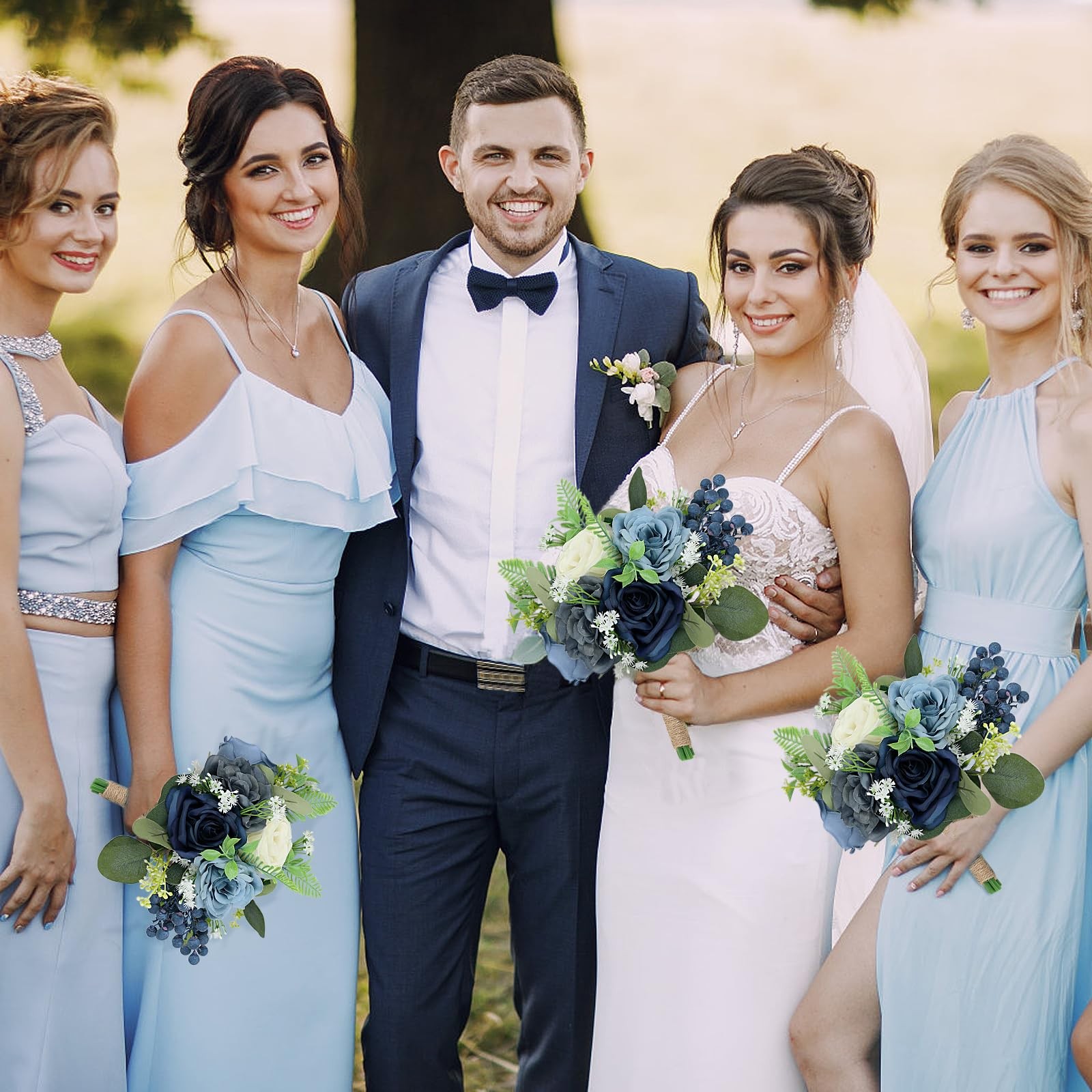 2 PCS 7 Inch Navy Blue White Artificial Bridesmaid Flowers Wedding Bouquets