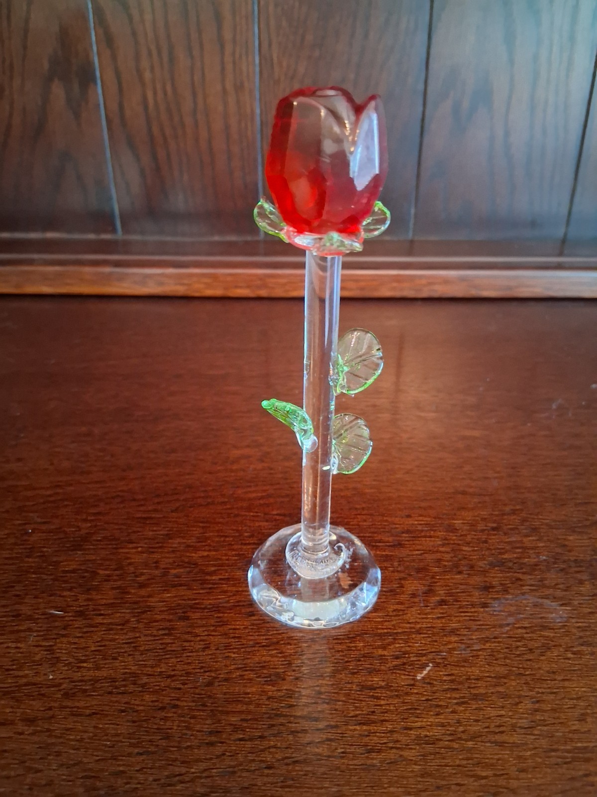 Painted Rosebud With Leaves And Clear Stem And Round Base About 5 Inches Tall