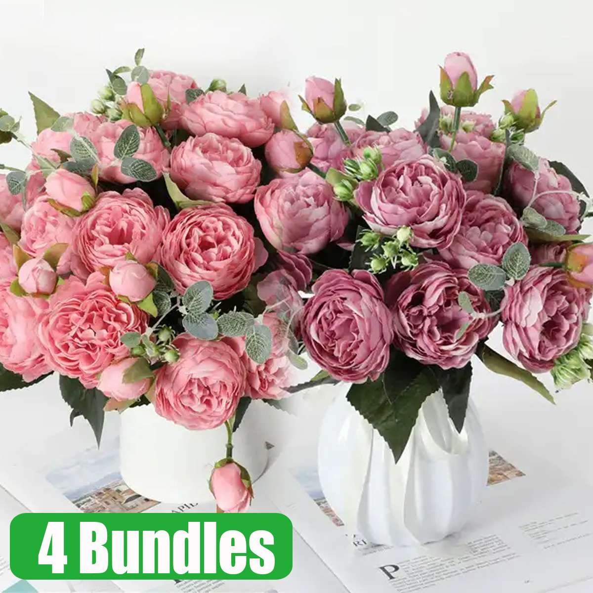 4 Bundles Peony Fake Artificial Flowers Large Bouquet Plants For Home Yard Decor