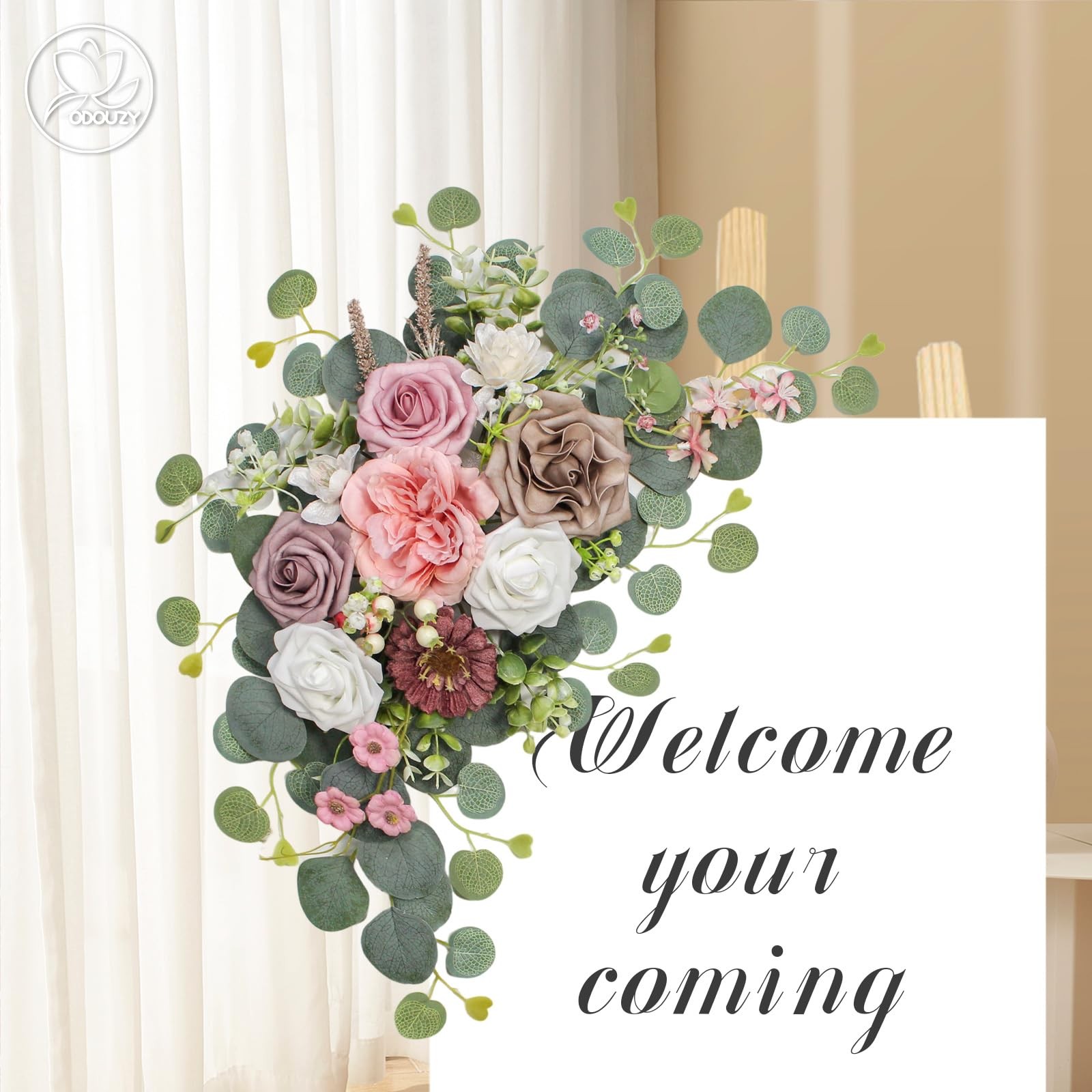 2 PCS Coffee Pink Artificial Wedding Arch Flowers Sign Faux Floral Swags Decor