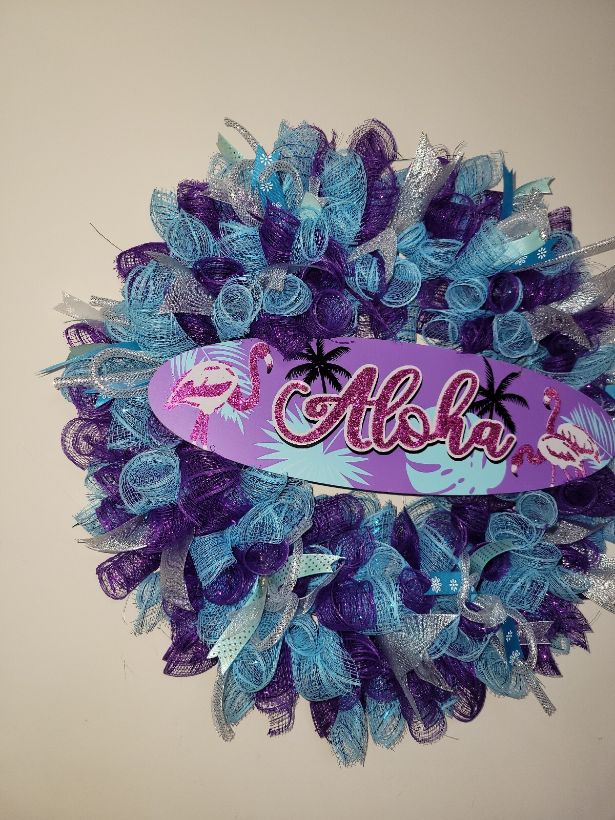 ALOHA Summer Spring Mesh Front Door Wreath Wall Decor BRIGHT Purple Pink Blue