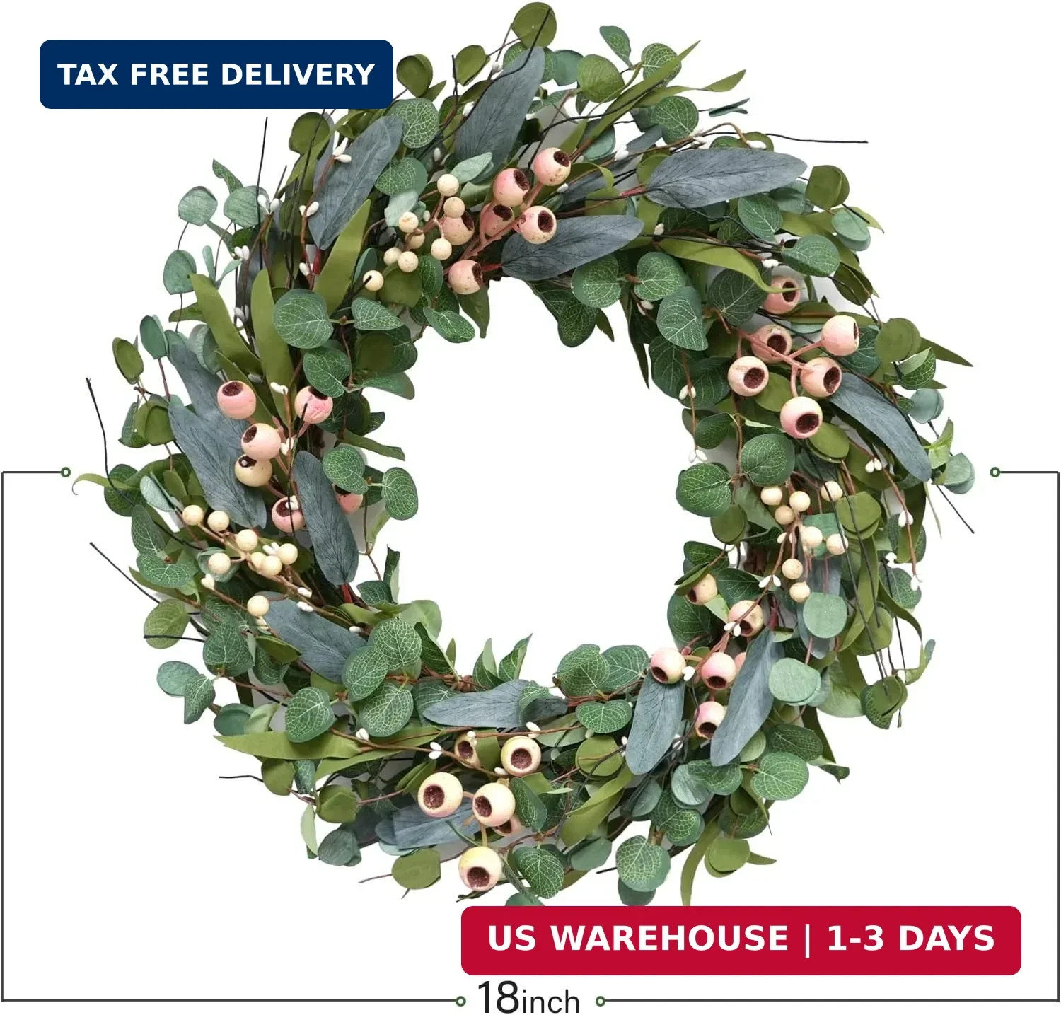 Large Green Eucalyptus Wreath (20 inches), Artificial with White Berries