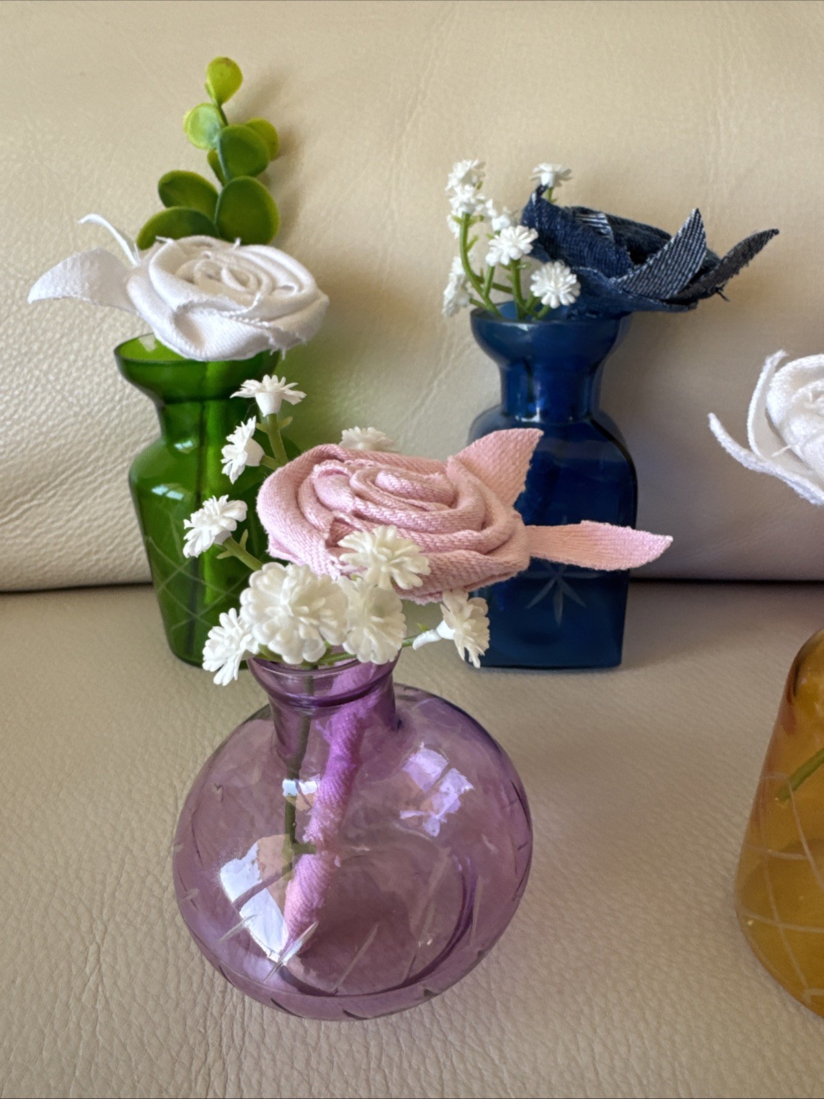 Five Small Upcycled 3 1/2” Vases With Coordinating Colors Handmade Denim Roses