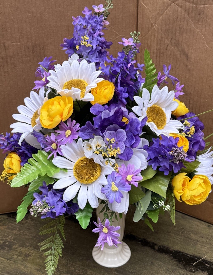 Artificial cemetery flower Arrangements Grave Flowers Purple And Yellow
