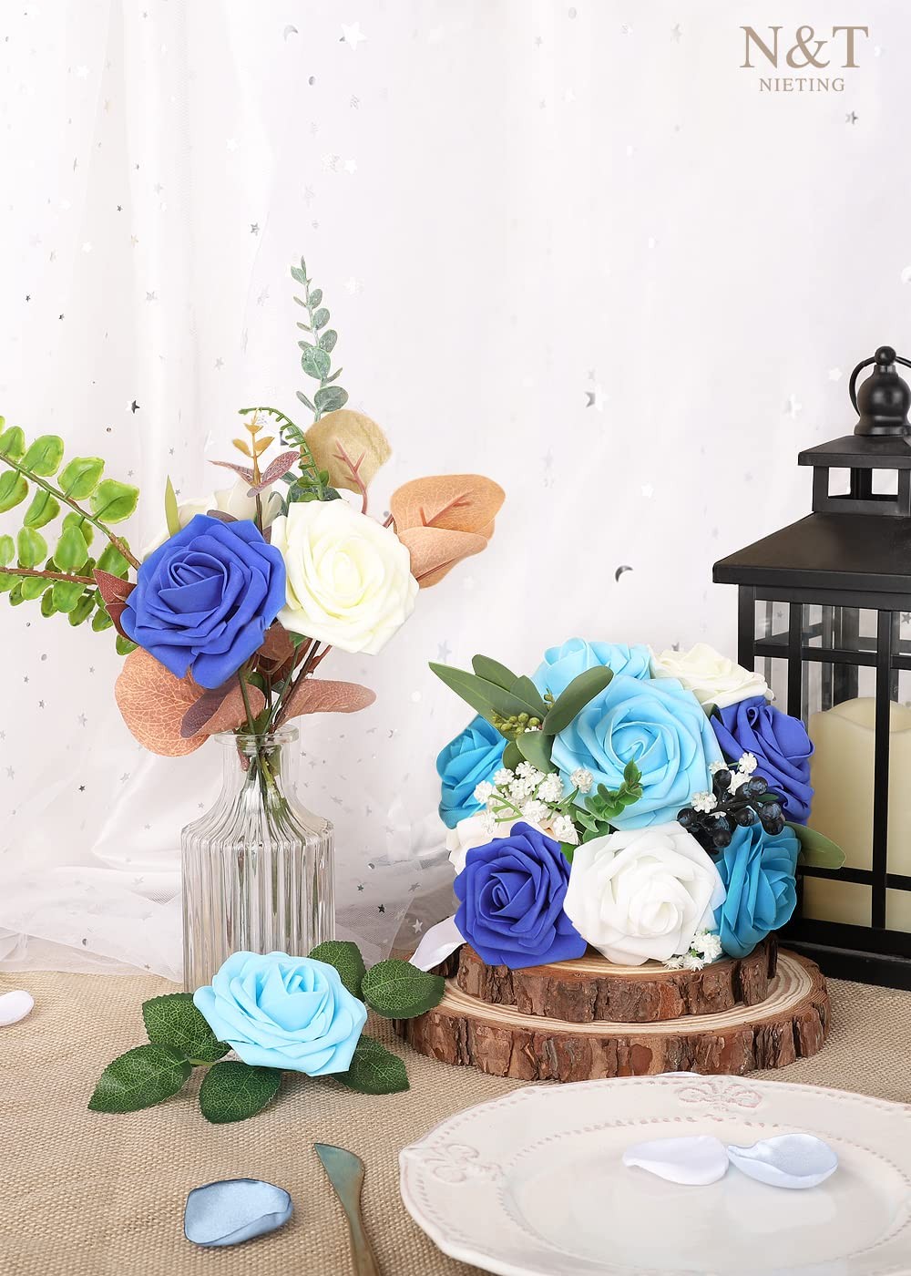 Blue Roses Artificial Flowers 25 PCS Fake Silk Bouquet Wedding Centerpiece