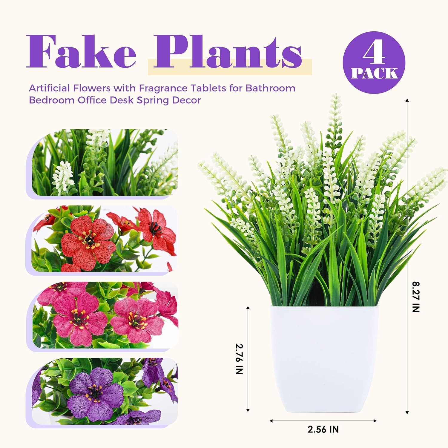 Fake Plants 4 Pack Small Artificial Flowers in White Pots for Desk Bathroom S…