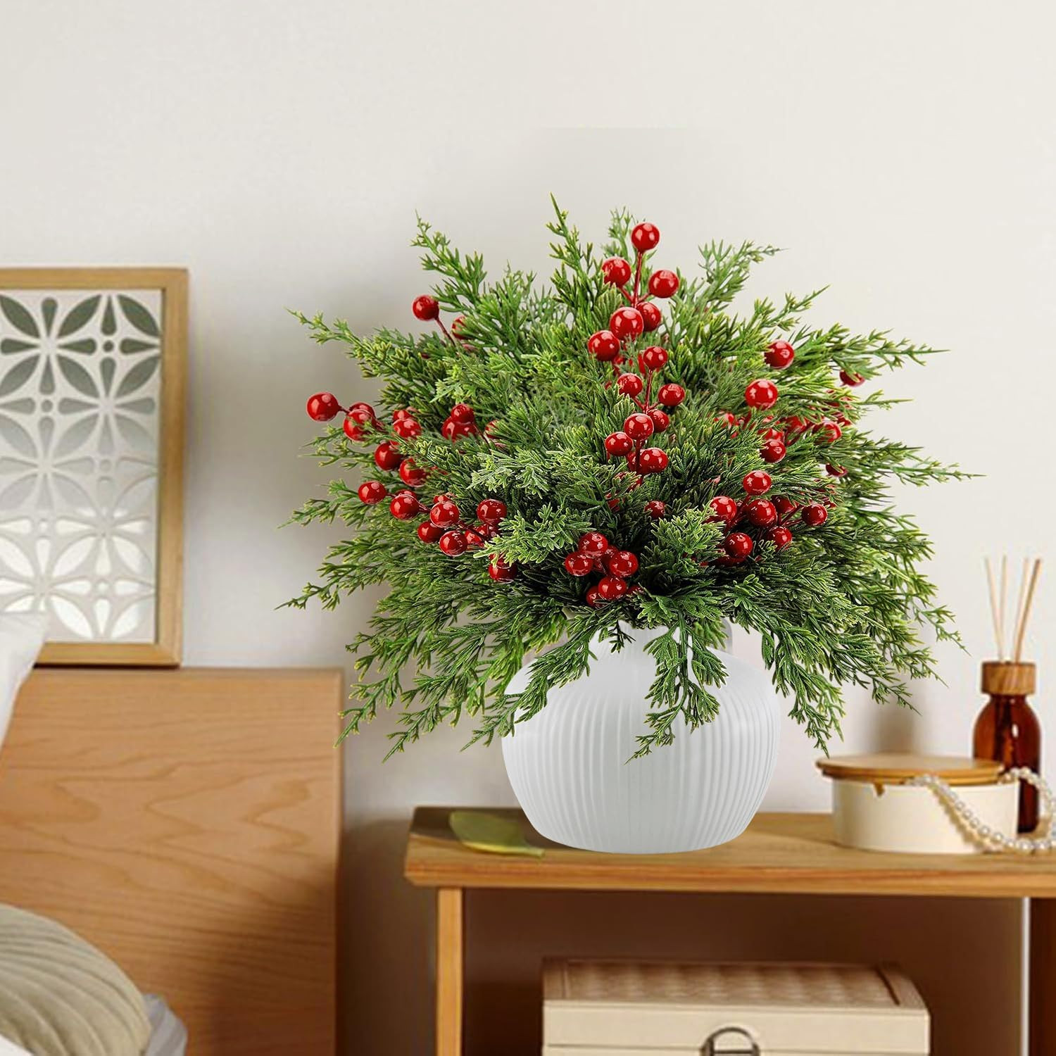 45Pcs Artificial Pine Branches with Red Berries 13In Xmas Stems for Wreath Decor