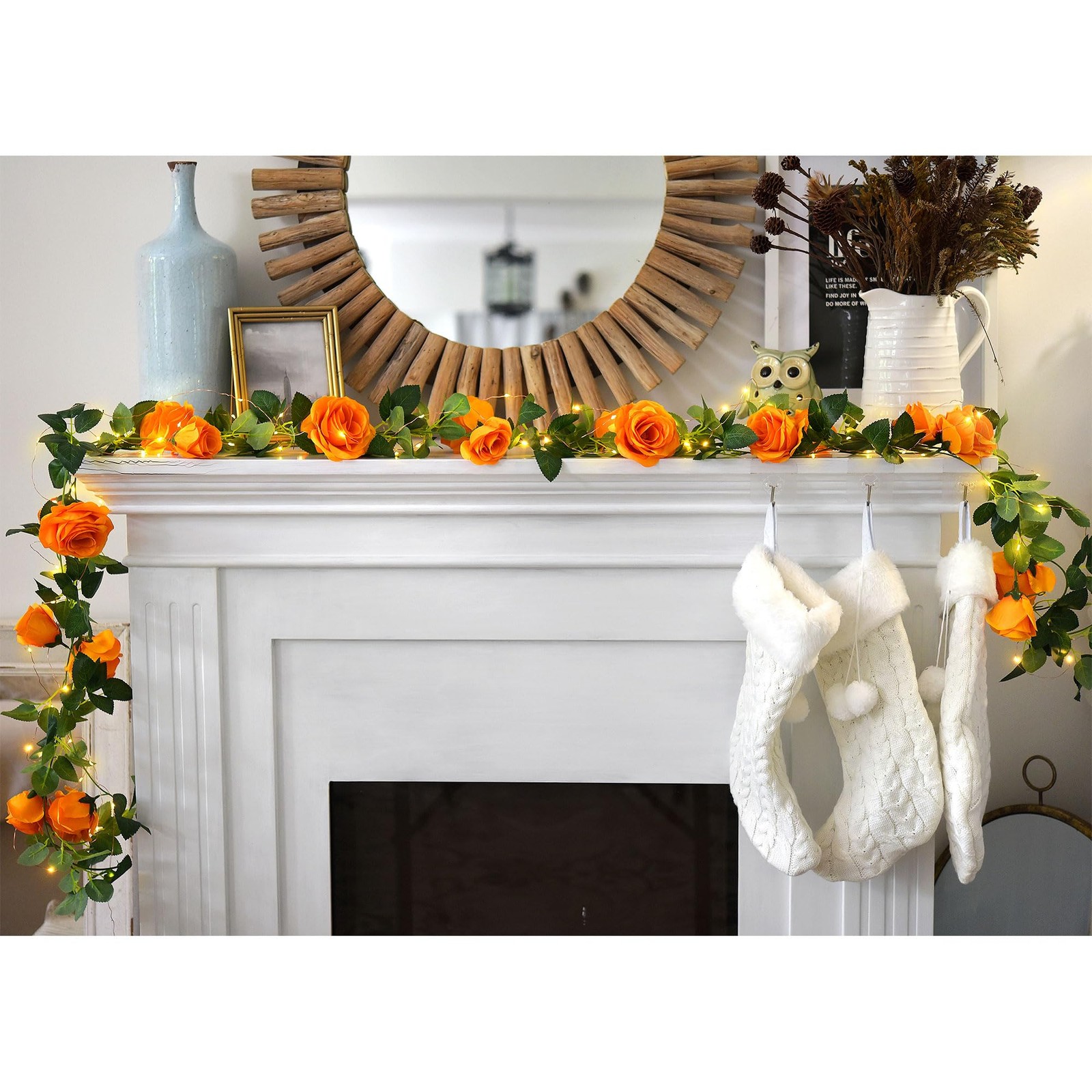 FiveSeasonStuff Warm Orange Artificial Rose Garlands, Four Separate Faux Flow…