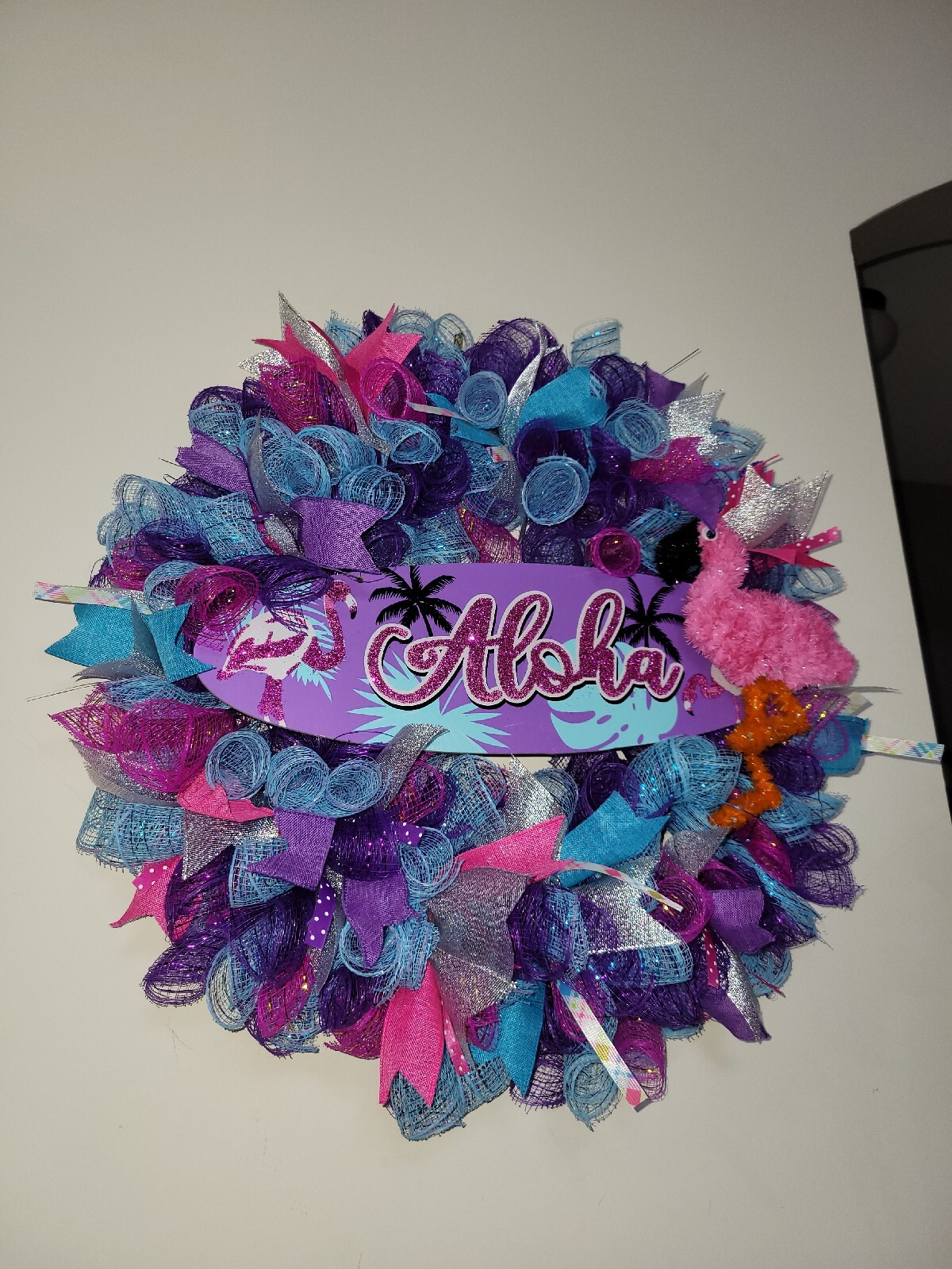 ALOHA Summer Spring Mesh Front Door Wreath Wall Decor BRIGHT Purple Pink Blue