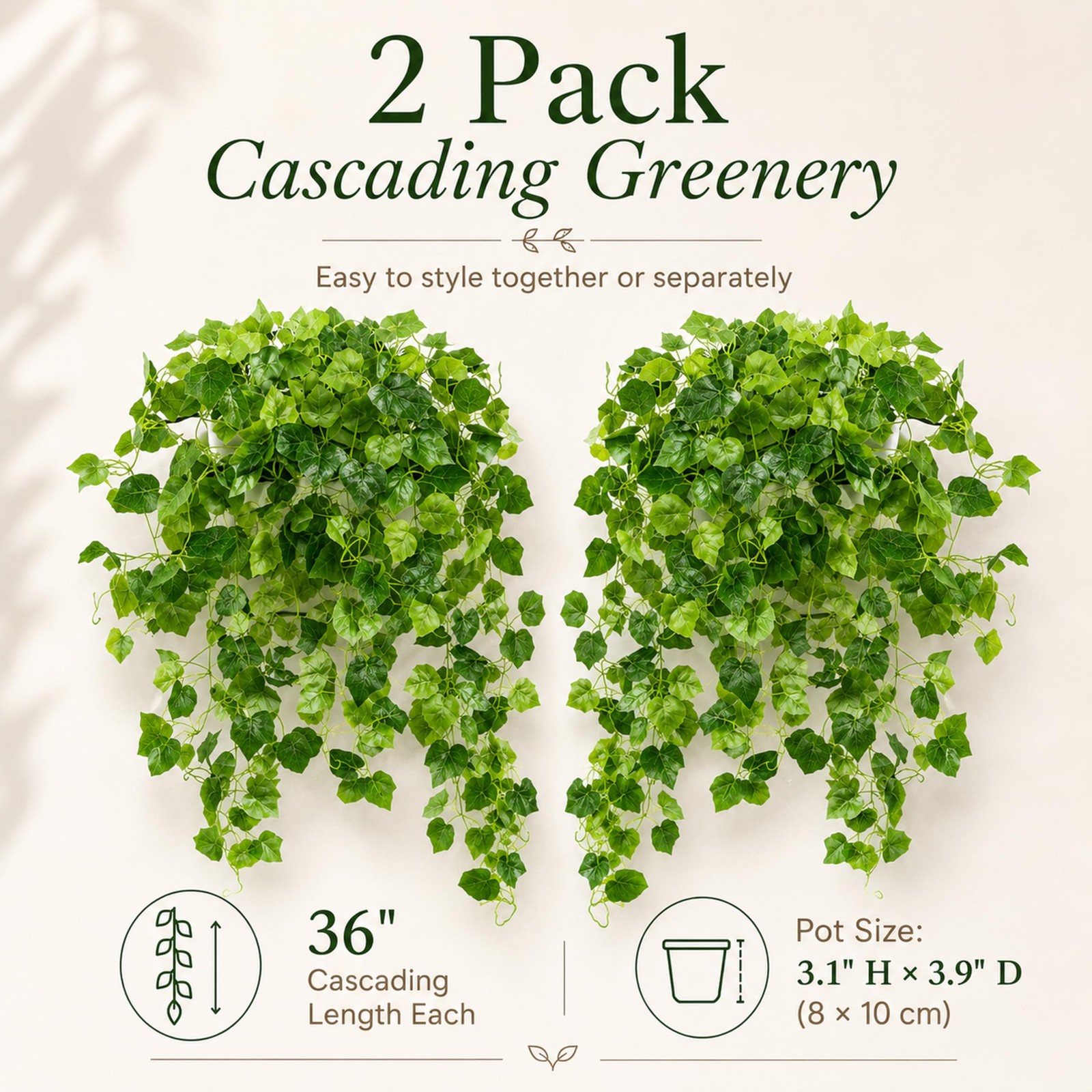 36″ Faux Hanging Ivy Plants in White Pots, 2 Pack Fake Pothos Artificial Hang…