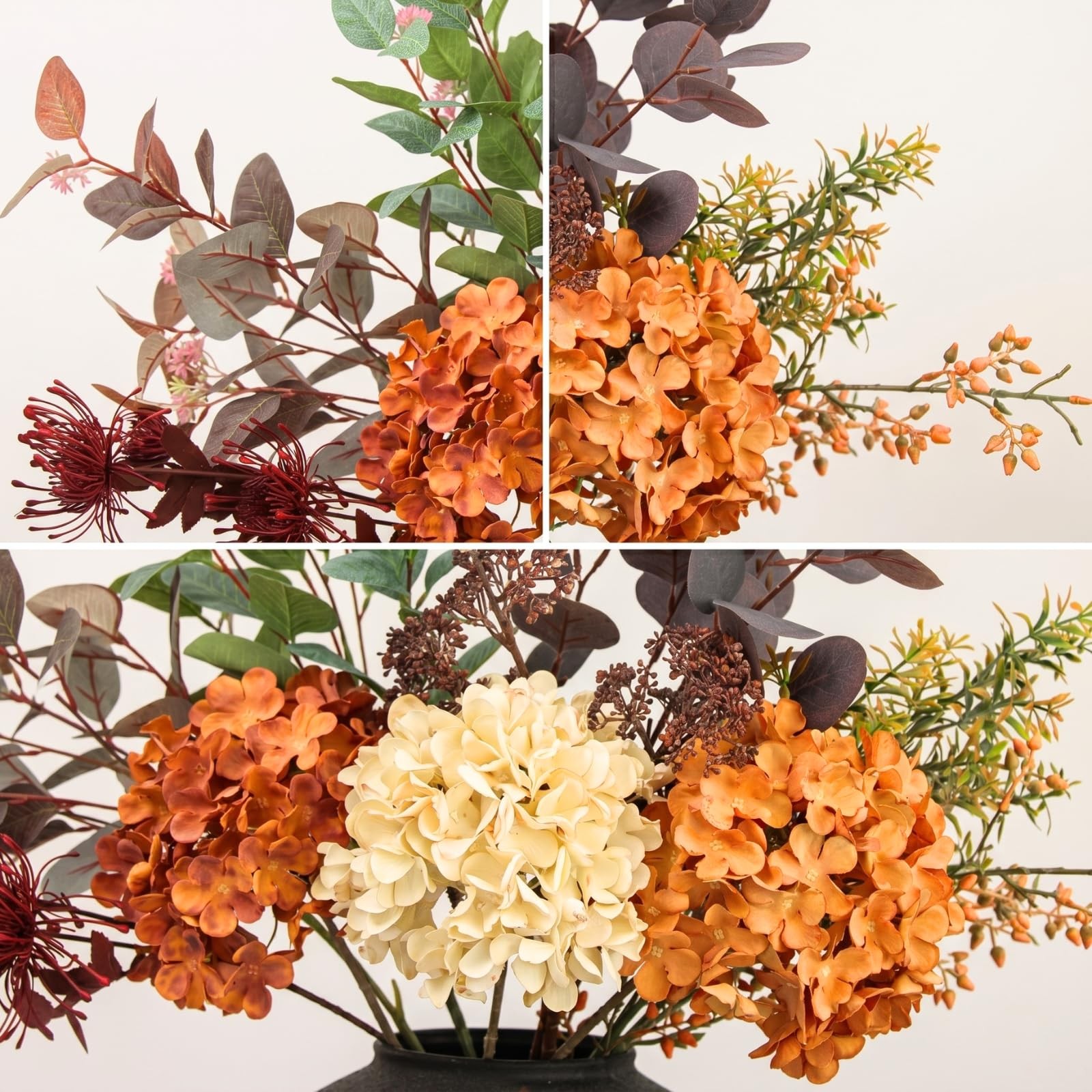 Faux Arrangement – Burnt Orange Hydrangea & Eucalyptus Stems, Fall Centerpiec…