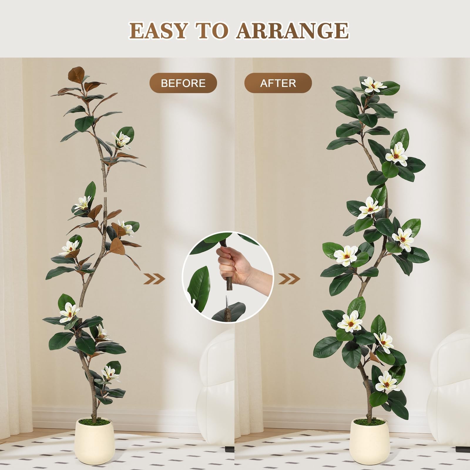 7FT Tall Artificial Rubber Tree with White Planter, Large Fake Magnolia Tree …