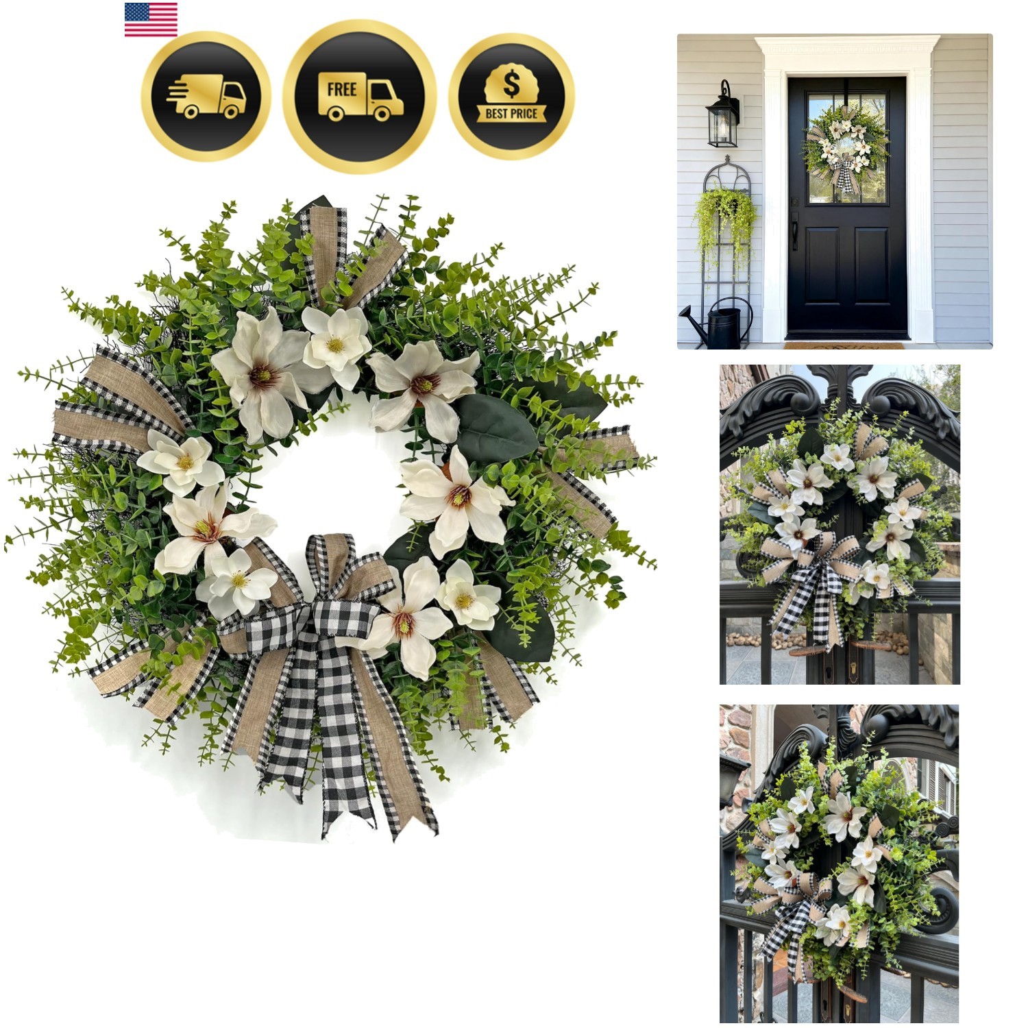 24 Inch Magnolia Wreath Farmhouse Door Decor Greenery Buffalo Plaid Bow