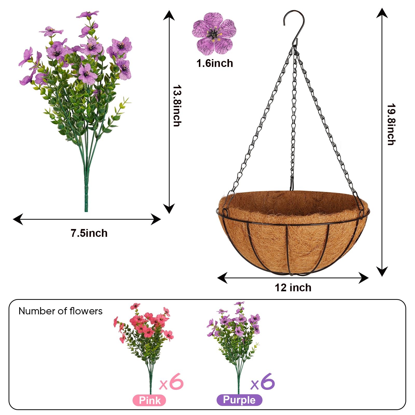 Artificial Outdoors Flowers with Hanging Basket, UV Resistant Fake Hanging Fl…