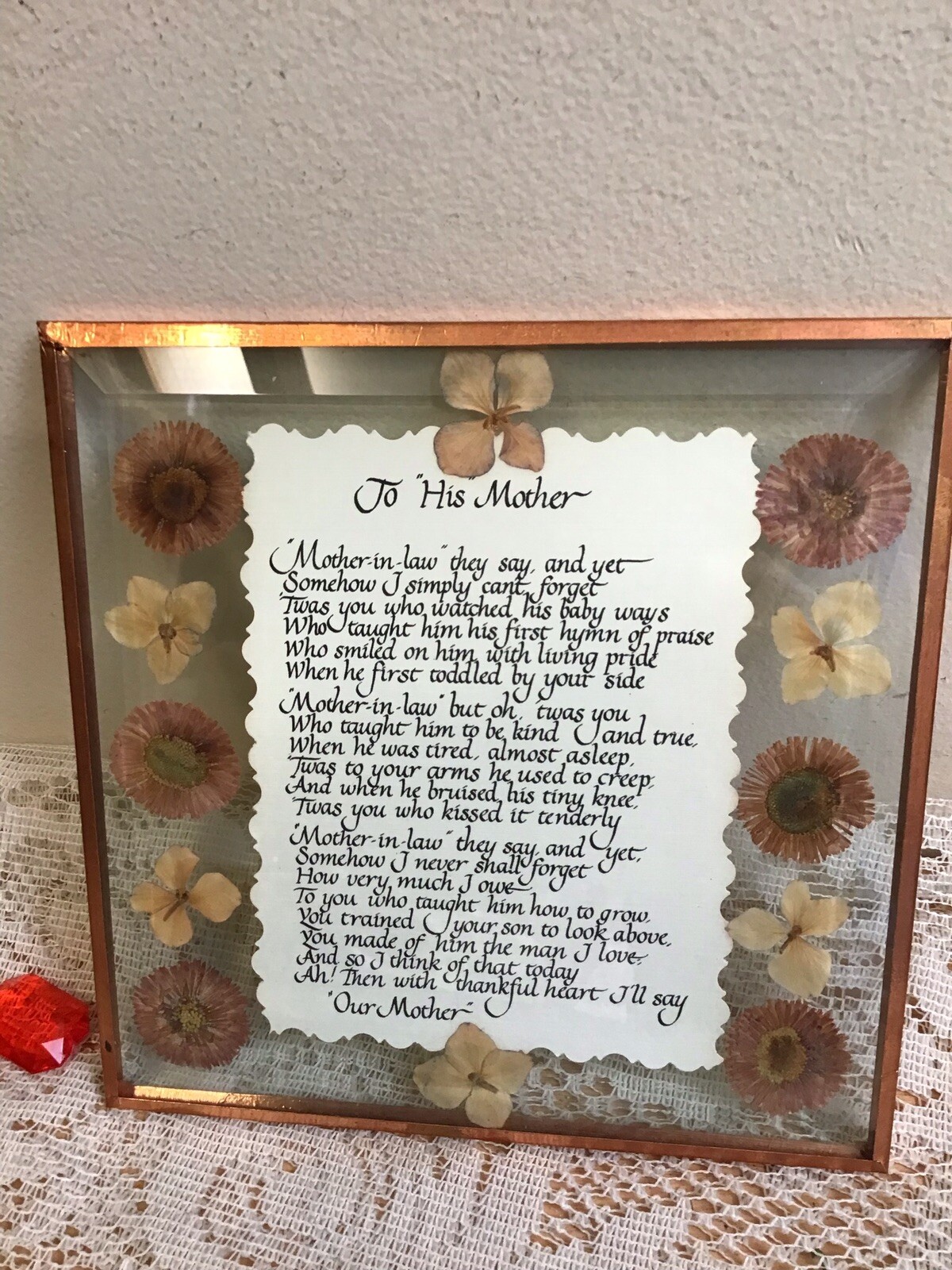 Pressed Dried Flowers Beveled Glass Verse TO HIS MOTHER – Display- Copper Edge