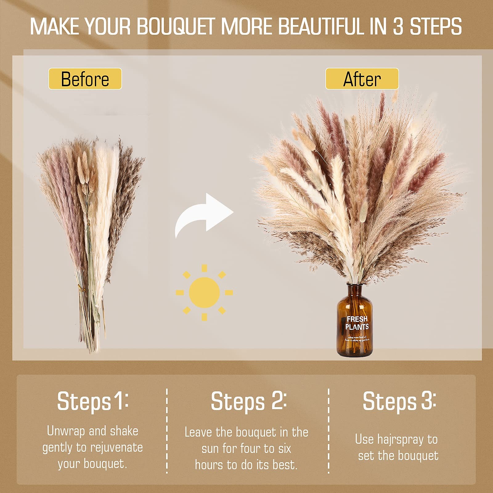 N&T NETING Dried Pampas Grass Decor- White Grass, Brown 75PCS,