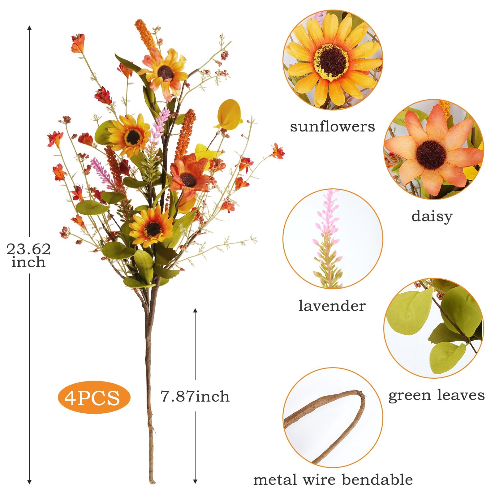 23 Inch Artificial Fall Flowers Fake Sunflower Orange Faux Flowers with Laven…