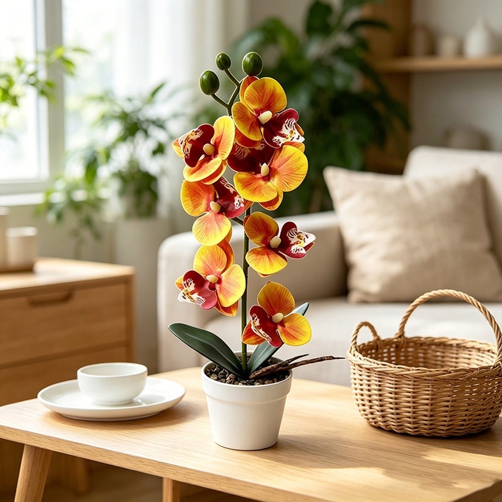 Life-Like 7-Bloom Artificial Orchid in Stylish White Stone Pot 11.81 in