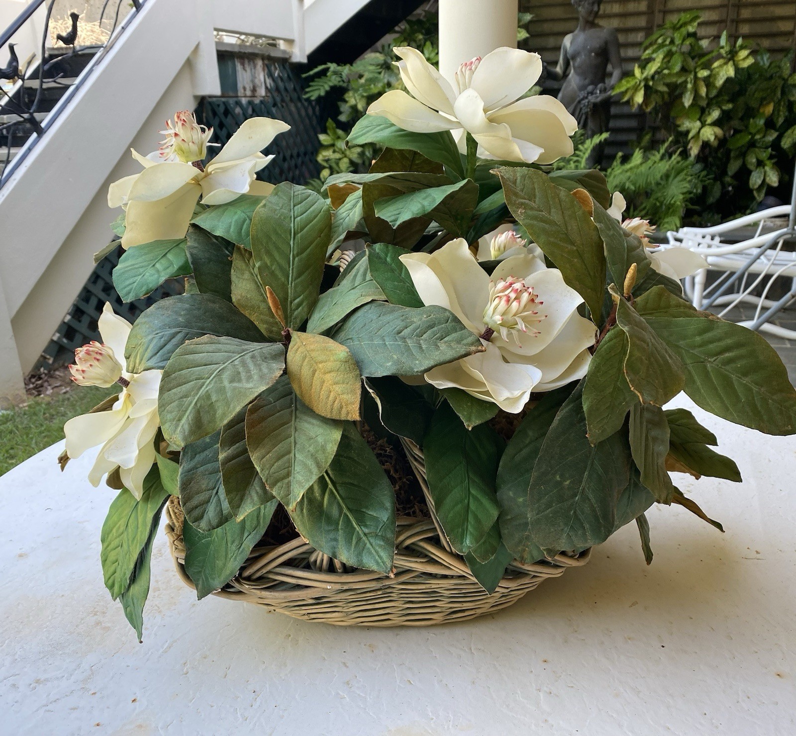NDI Arrangement Large Basket Of Magnolias Vintage Approx 24”X20” Very Realistic